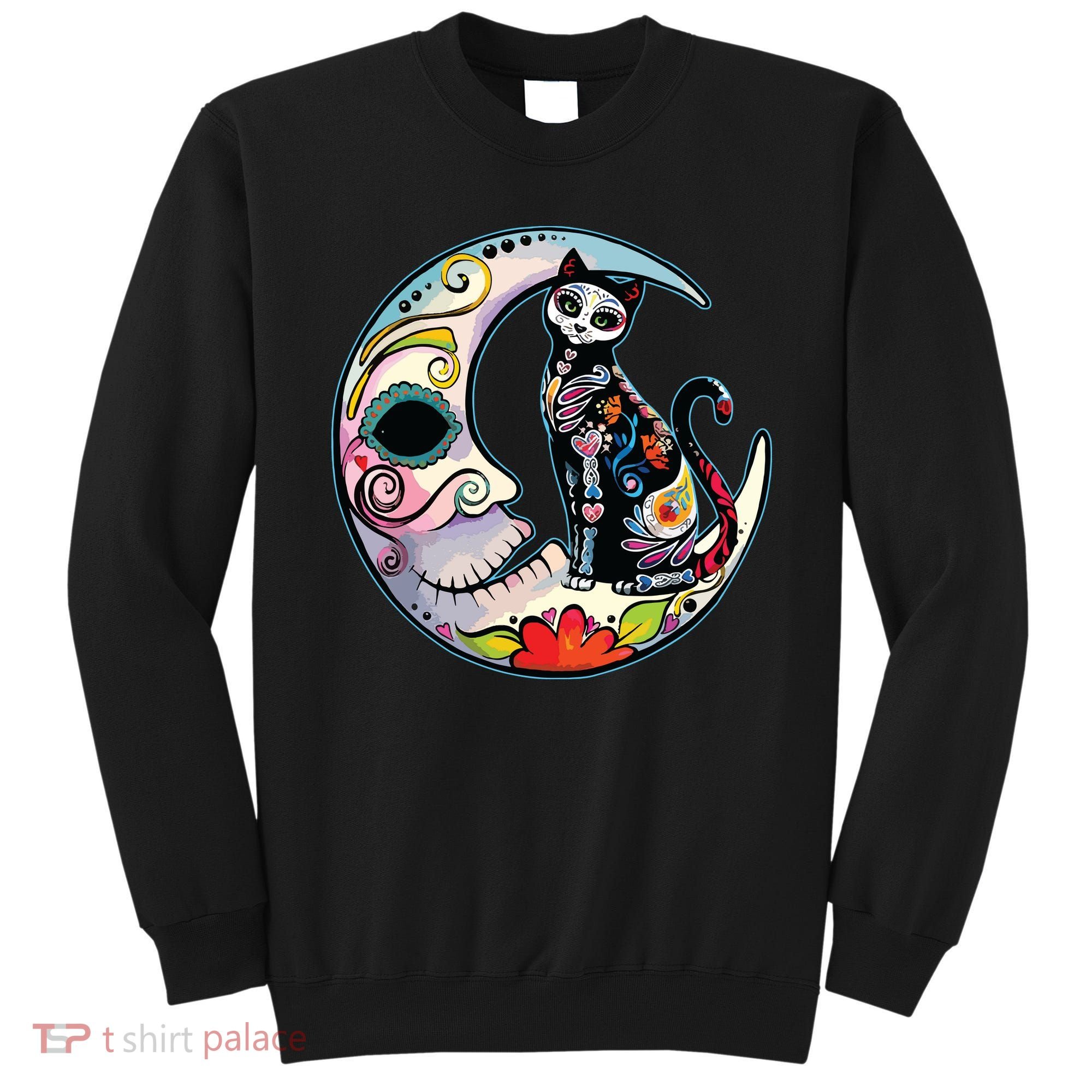 Sugar Skull Moon Cat Mexican Day Of Dead Dia De Los Muertos Sweatshirt