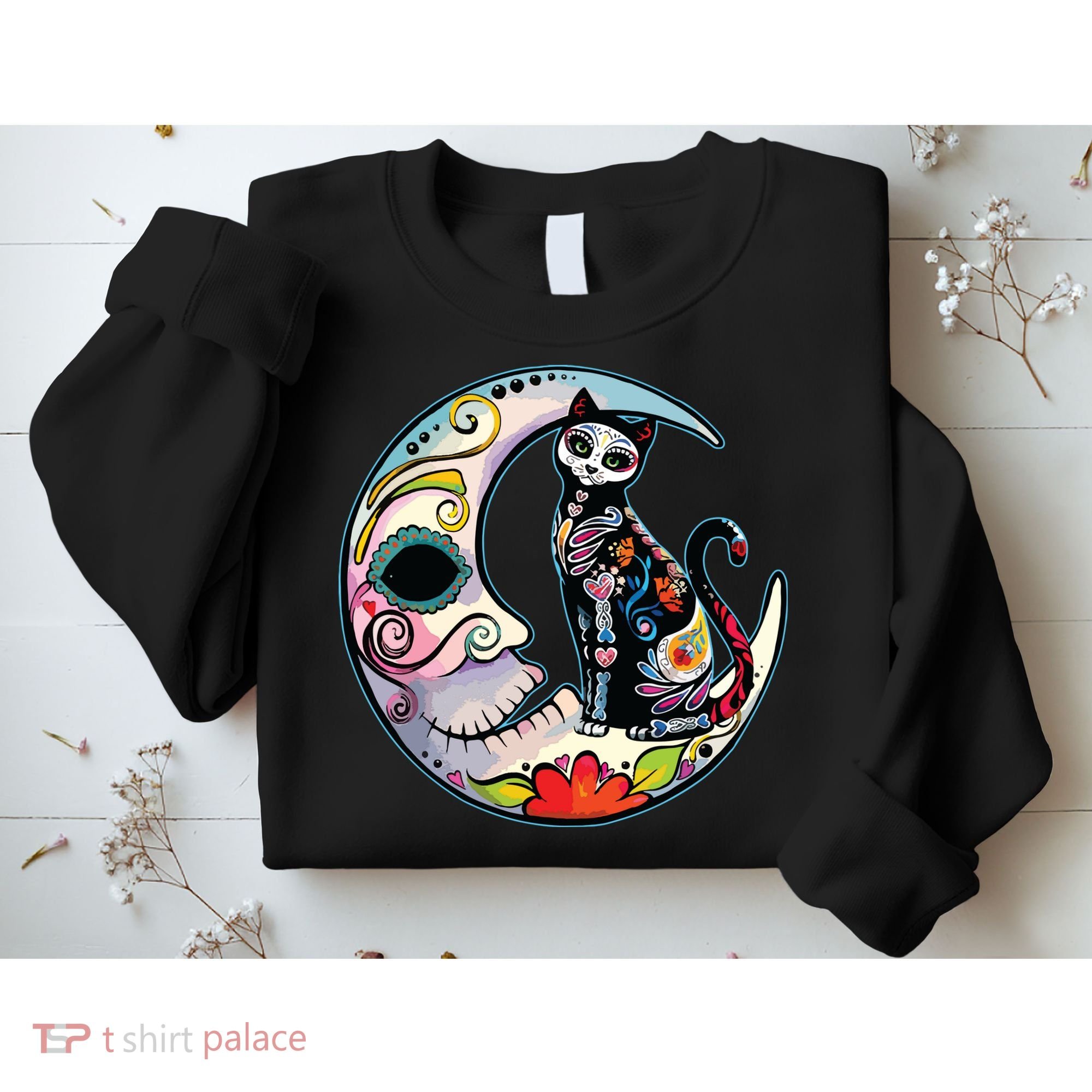 Sugar Skull Moon Cat Mexican Day Of Dead Dia De Los Muertos Sweatshirt