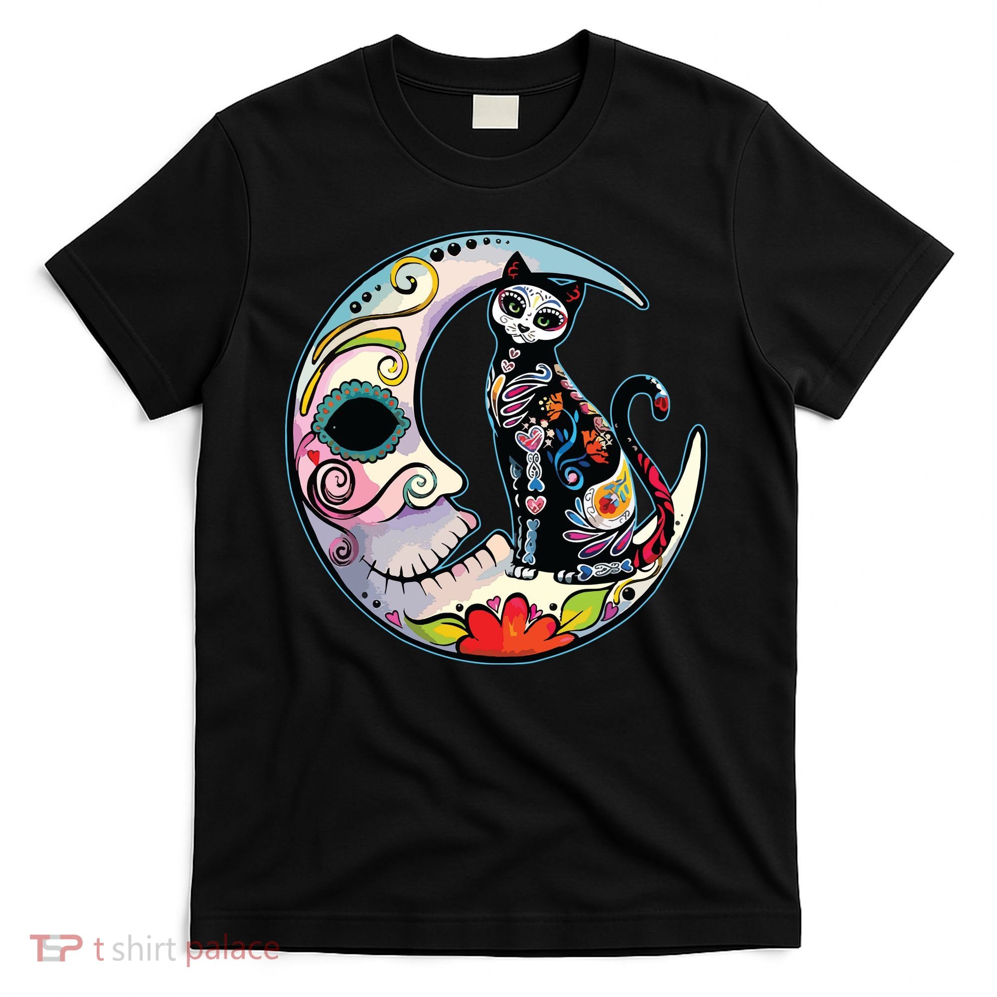 Sugar Skull Moon Cat Mexican Day Of Dead Dia De Los Muertos T-Shirt