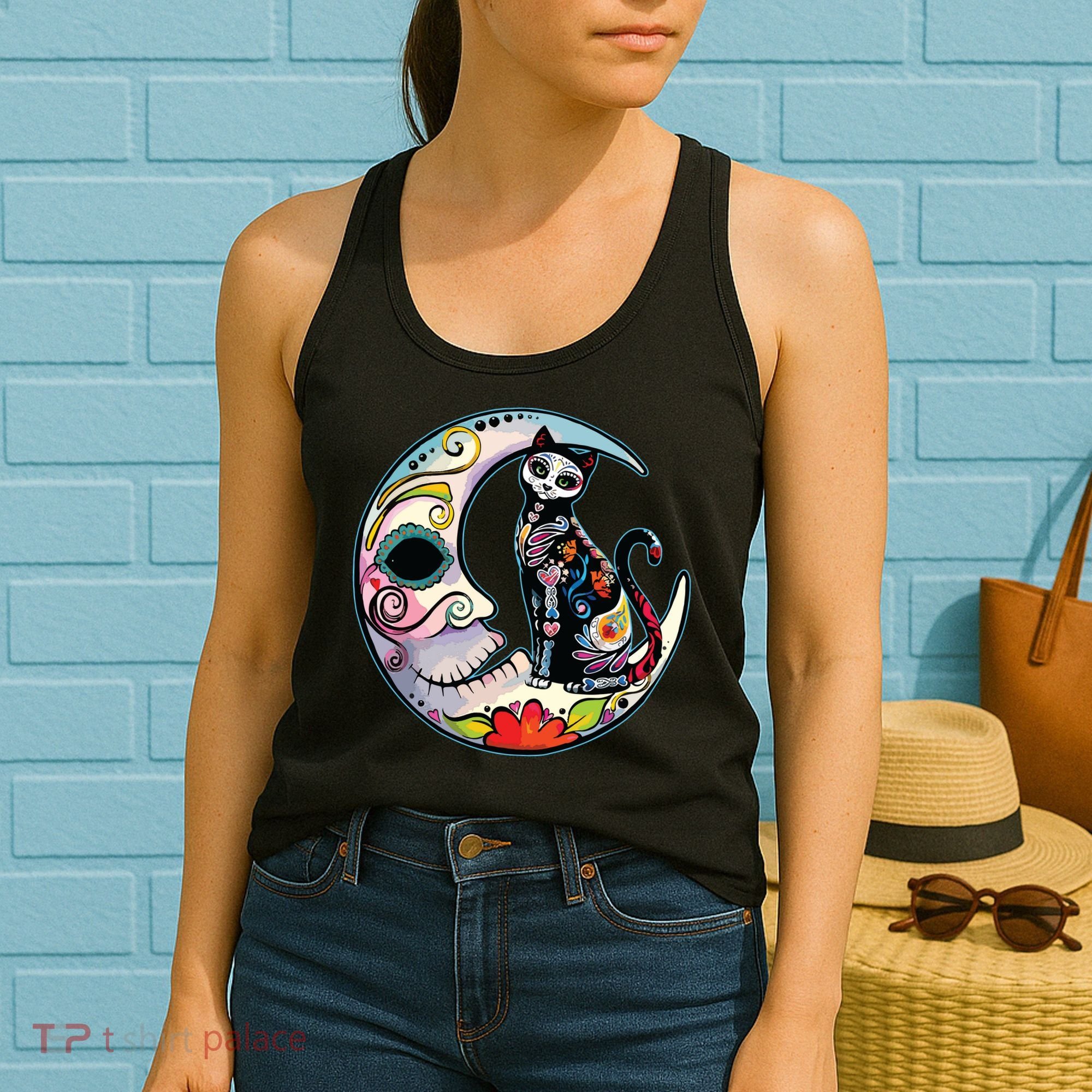 Sugar Skull Moon Cat Mexican Day Of Dead Dia De Los Muertos Women's Tank Top