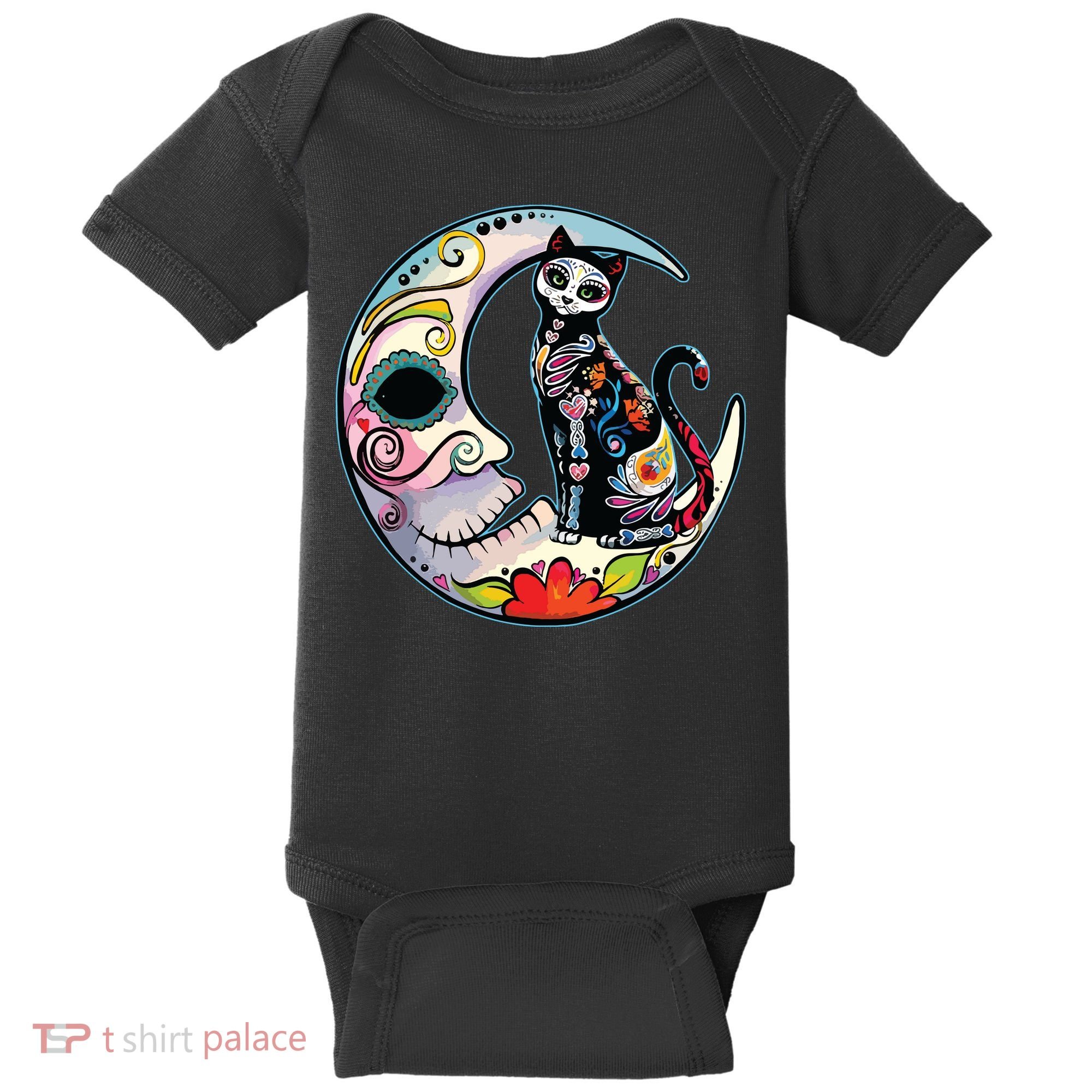 Sugar Skull Moon Cat Mexican Day Of Dead Dia De Los Muertos Baby Bodysuit