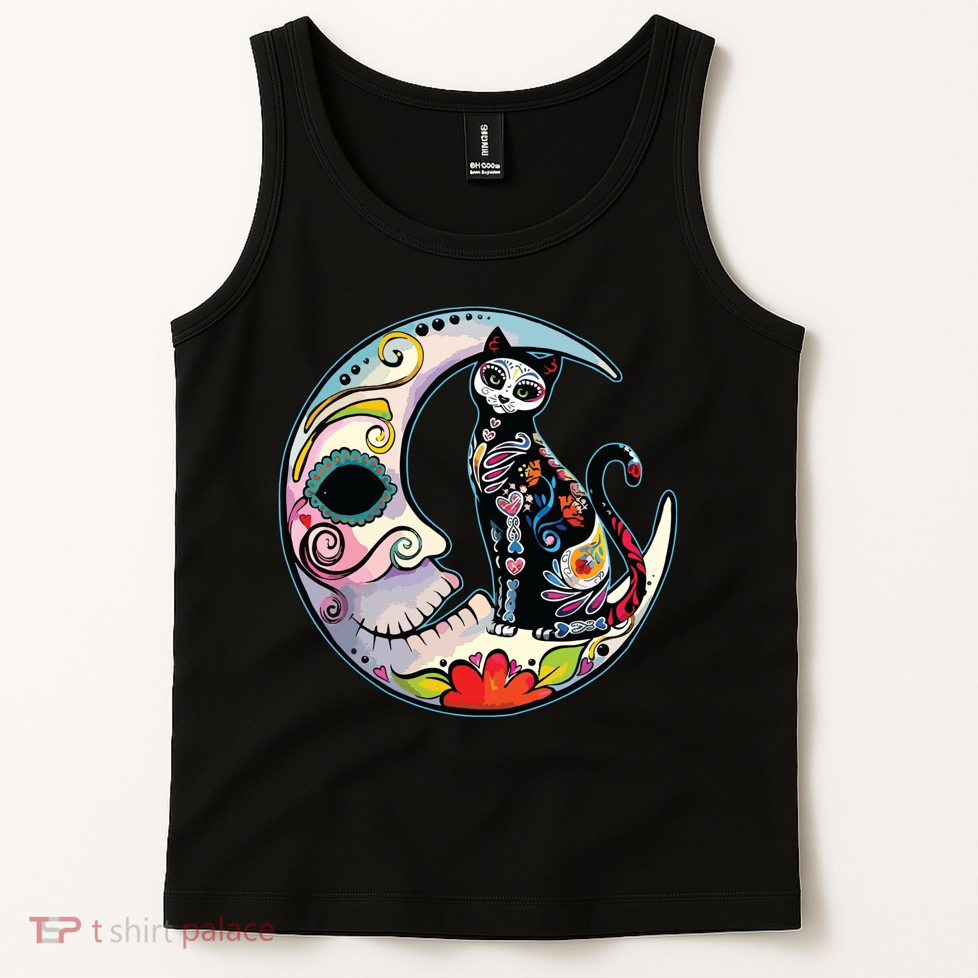 Sugar Skull Moon Cat Mexican Day Of Dead Dia De Los Muertos Tank Top