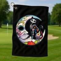 Sugar Skull Moon Cat Mexican Day Of Dead Dia De Los Muertos Golf Towel thumb 1