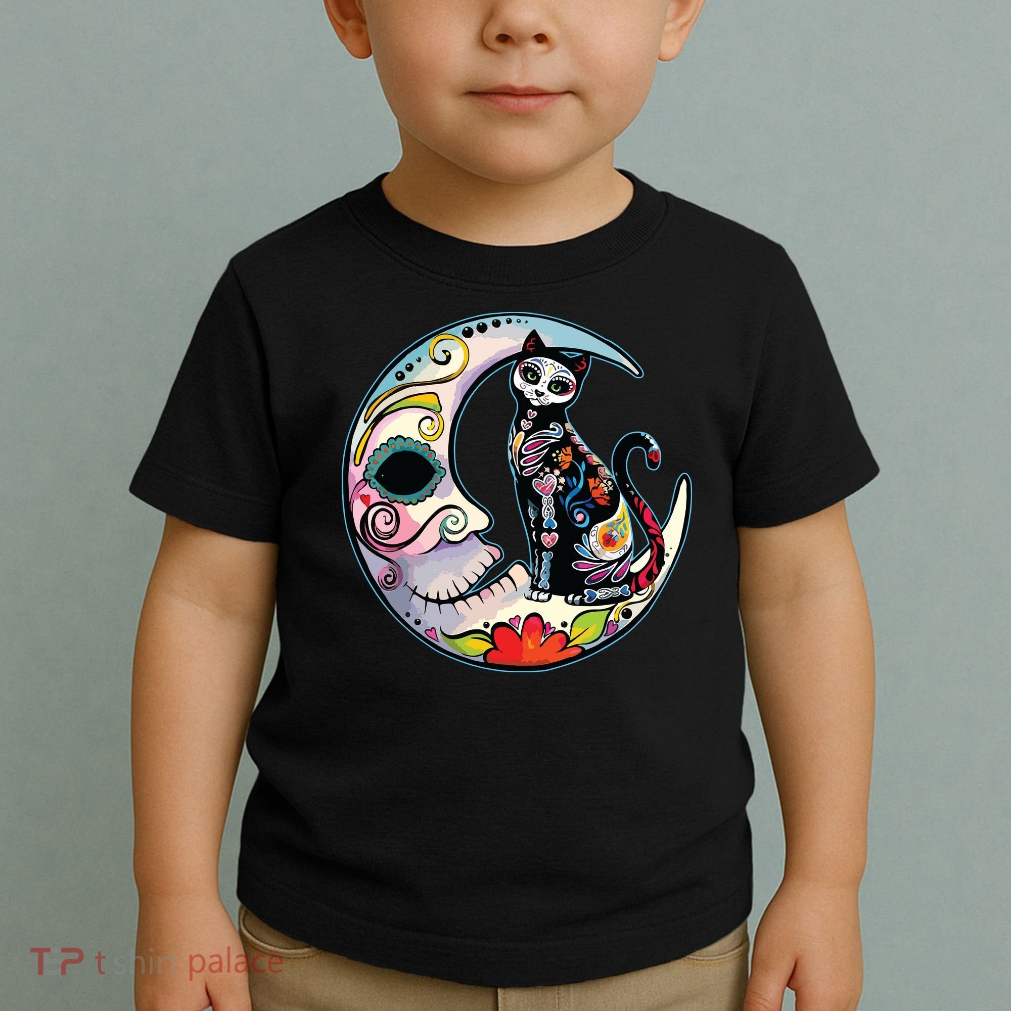 Sugar Skull Moon Cat Mexican Day Of Dead Dia De Los Muertos Toddler T-Shirt