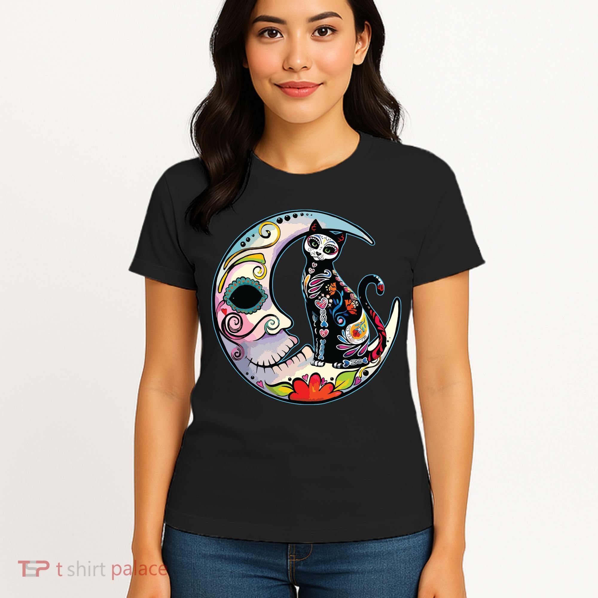 Sugar Skull Moon Cat Mexican Day Of Dead Dia De Los Muertos Women's T-Shirt