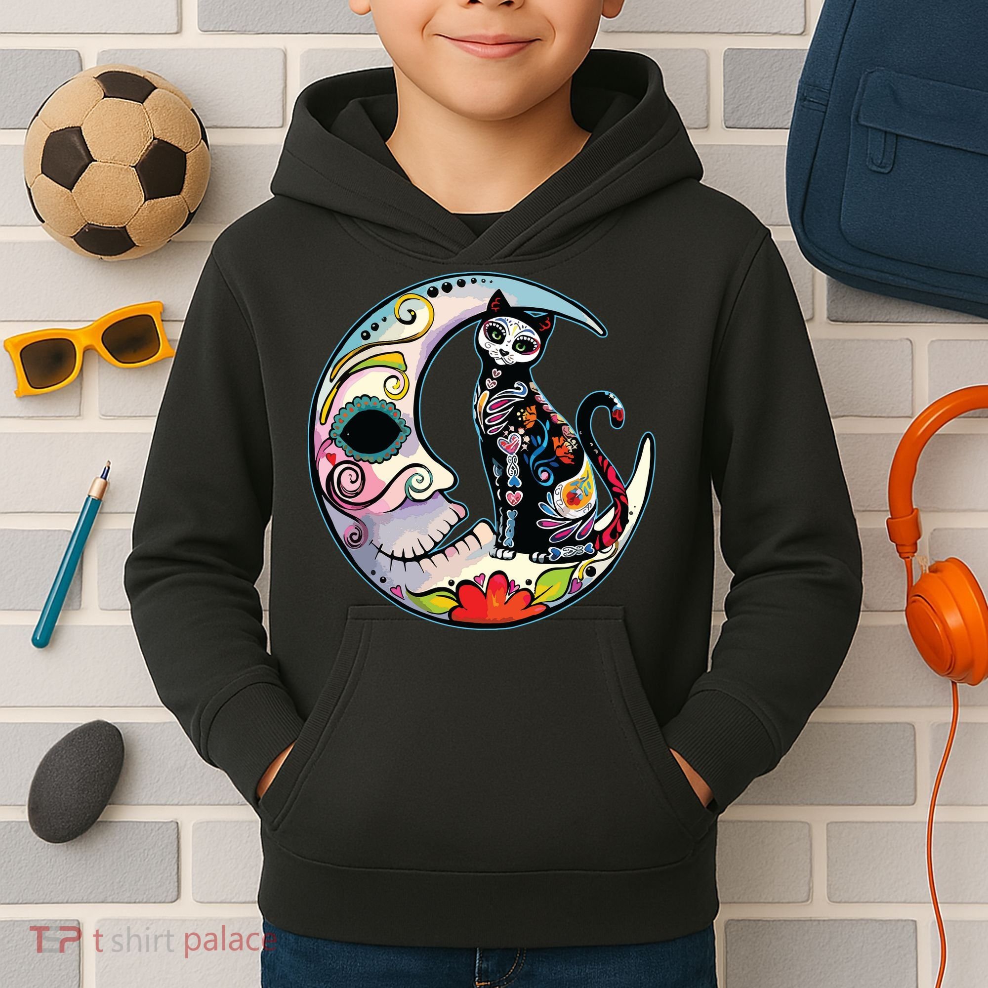 Sugar Skull Moon Cat Mexican Day Of Dead Dia De Los Muertos Kids Hoodie