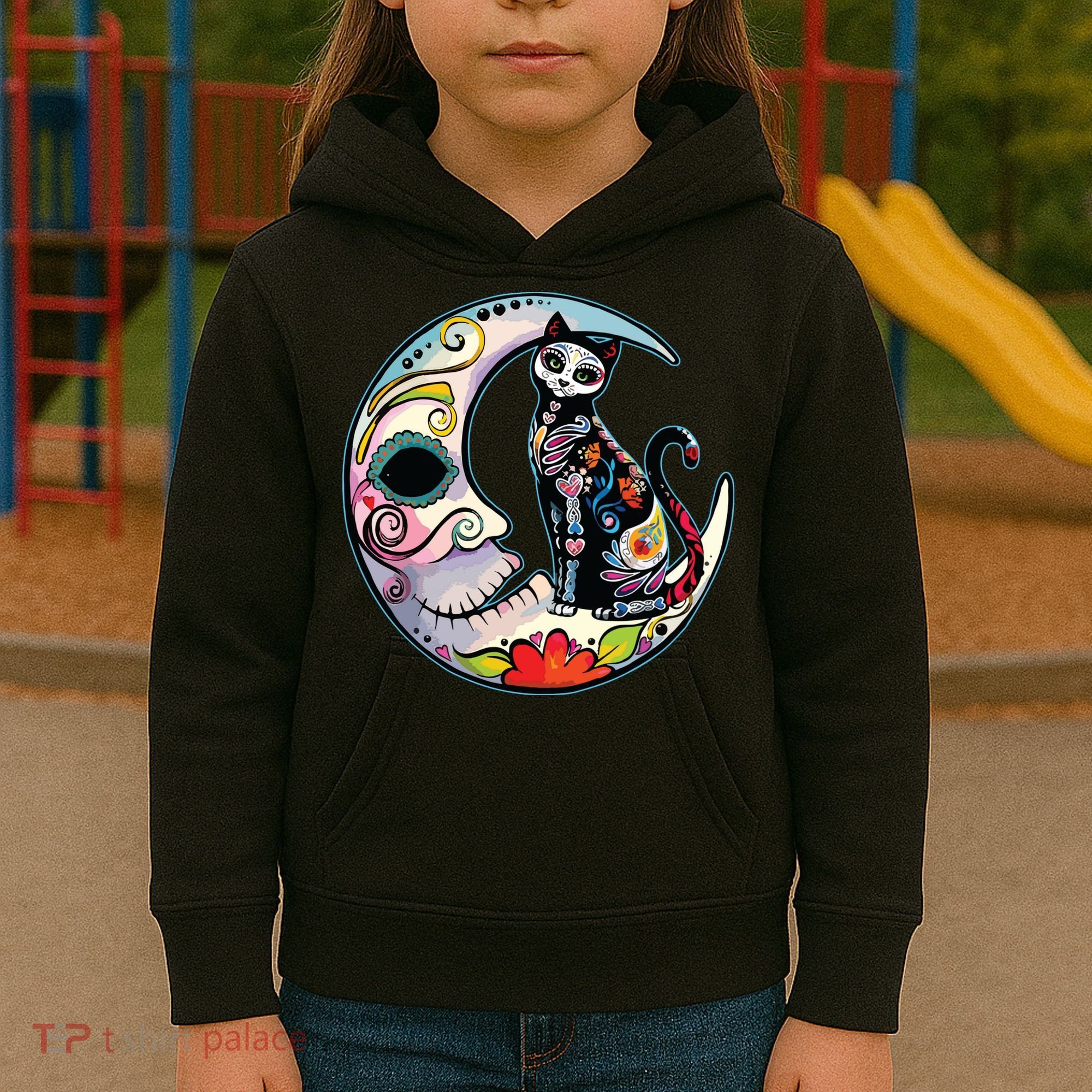 Sugar Skull Moon Cat Mexican Day Of Dead Dia De Los Muertos Kids Hoodie
