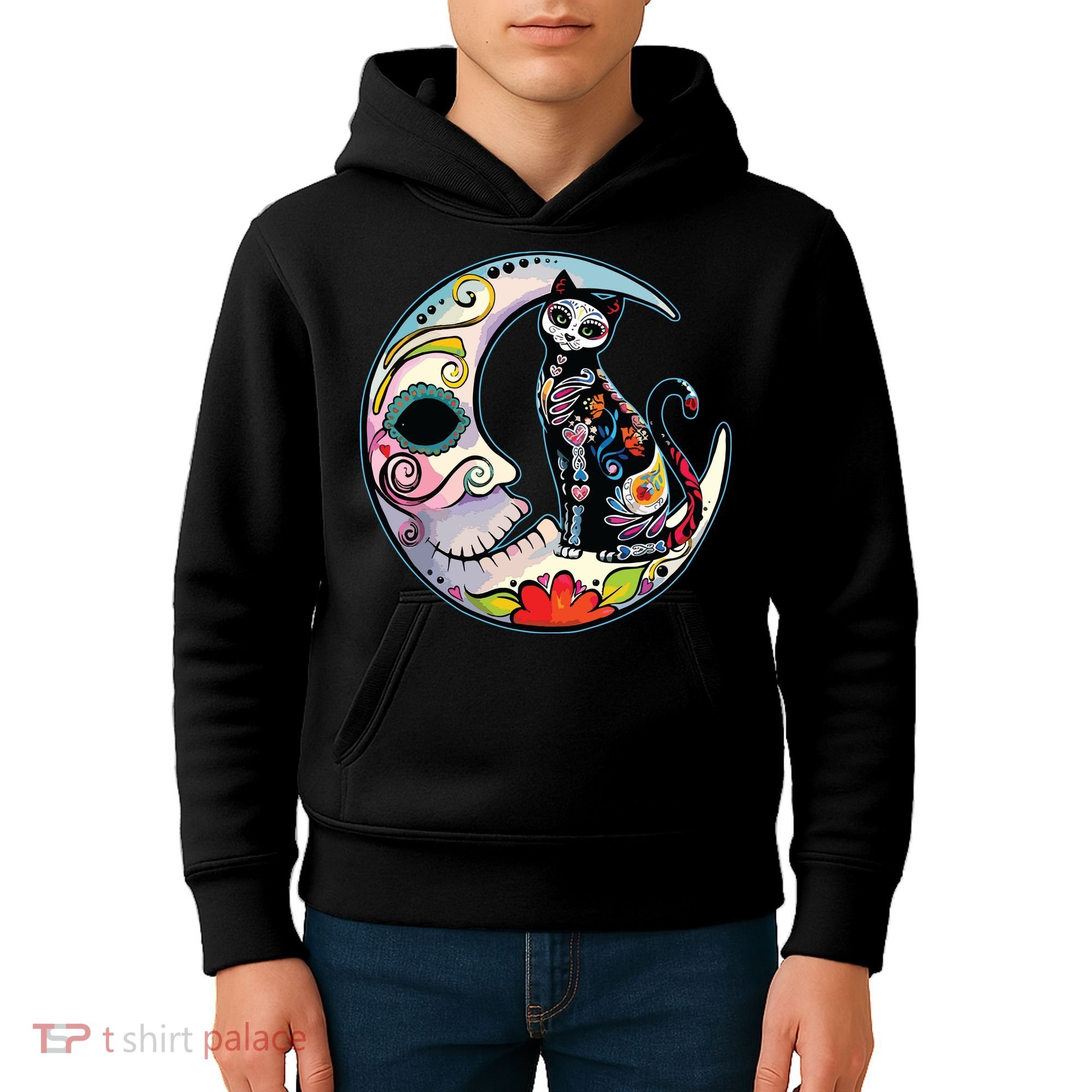 Sugar Skull Moon Cat Mexican Day Of Dead Dia De Los Muertos Kids Hoodie
