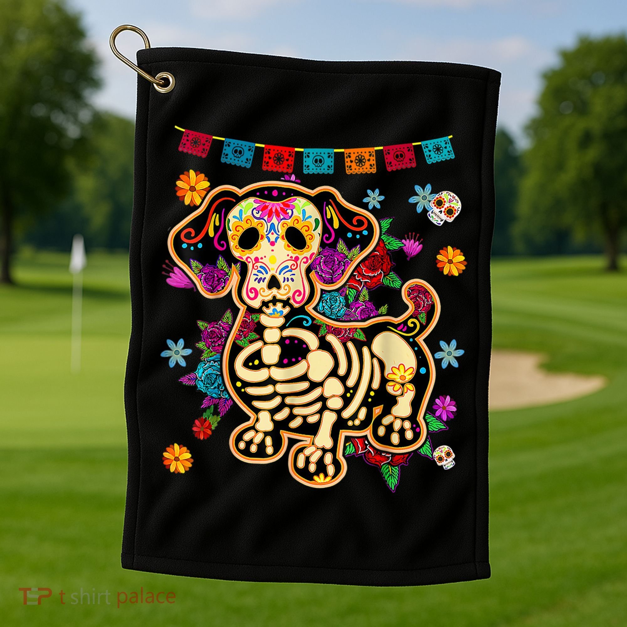 Sugar Skull Mexican Dachshund Bone Halloween Day Of Dead Golf Towel