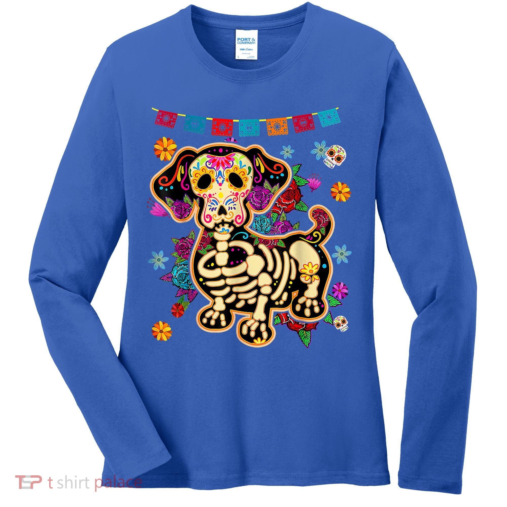 Sugar Skull Mexican Dachshund Bone Halloween Day Of Dead Women's Long Sleeve Shirt