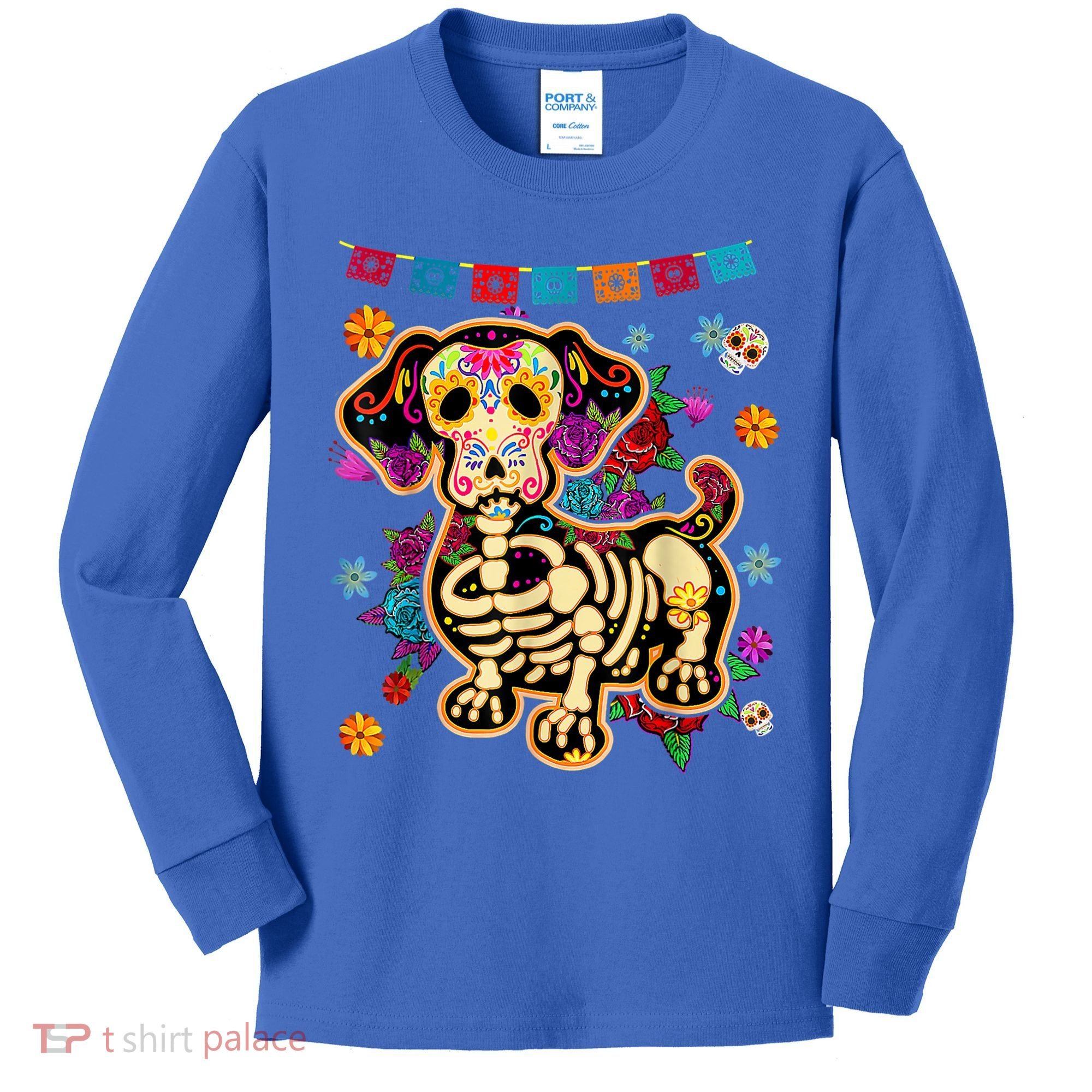 Sugar Skull Mexican Dachshund Bone Halloween Day Of Dead Kids Long Sleeve Shirt