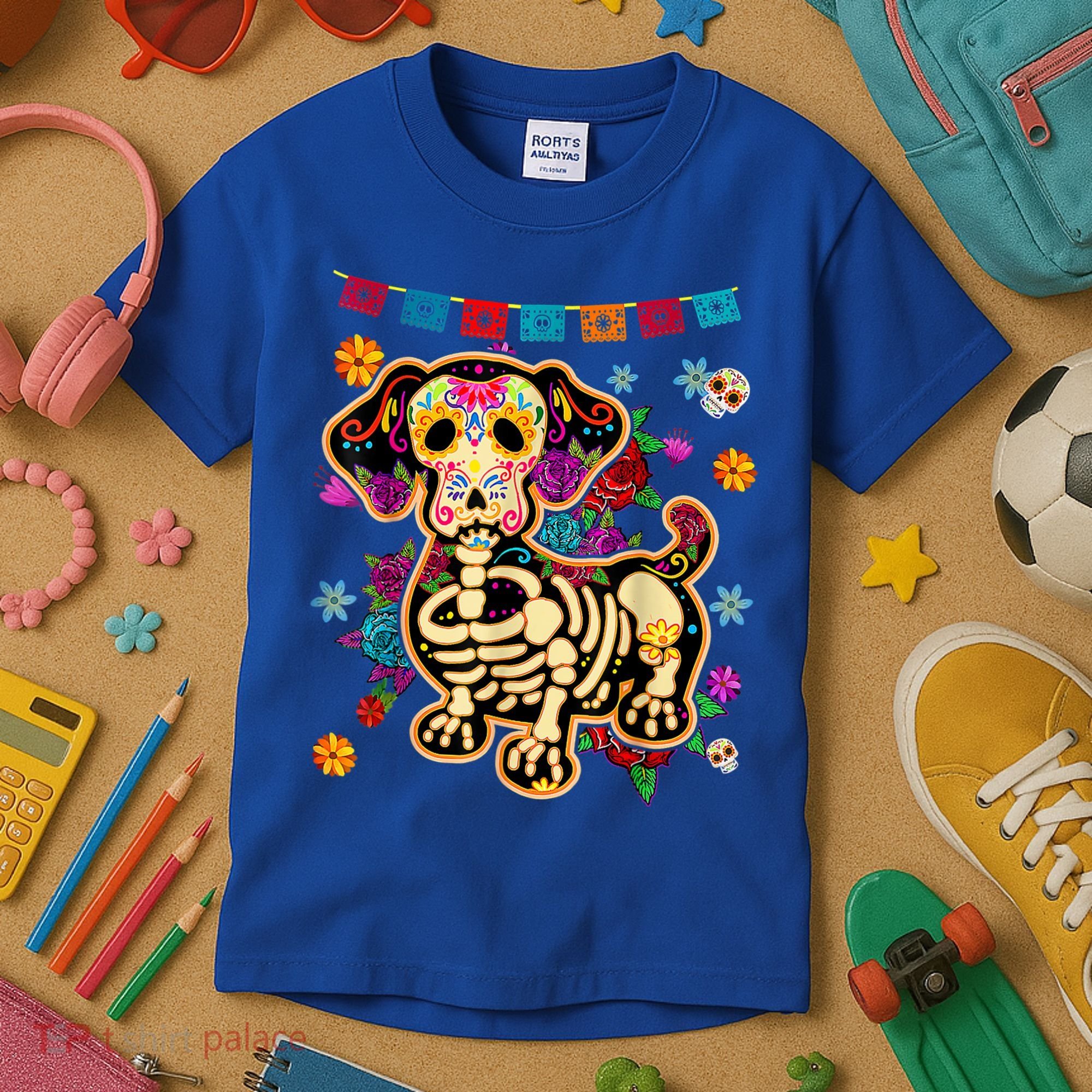 Sugar Skull Mexican Dachshund Bone Halloween Day Of Dead Kids T-Shirt