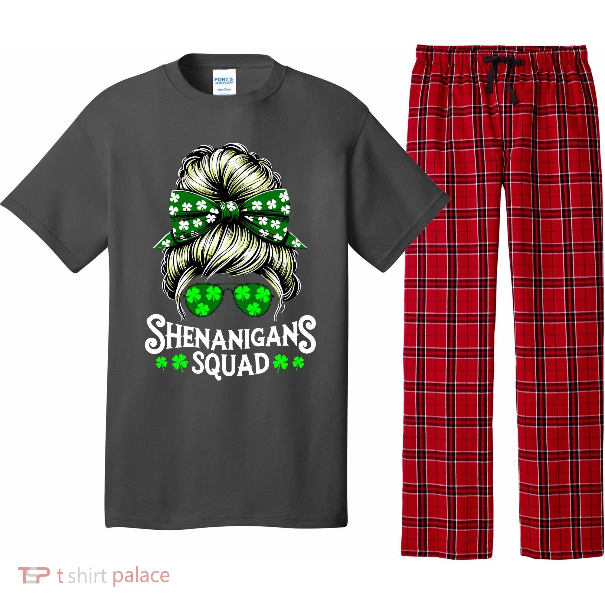 Shenanigans Squad Messy Bun St Patricks Day Pajama Set