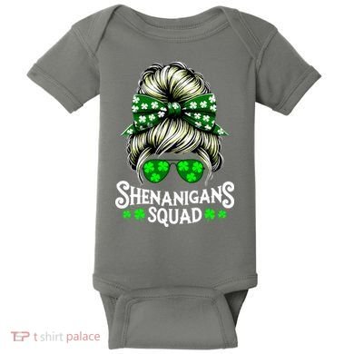 Shenanigans Squad Messy Bun St Patricks Day Baby Bodysuit