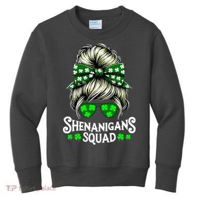 Shenanigans Squad Messy Bun St Patricks Day Kids Sweatshirt