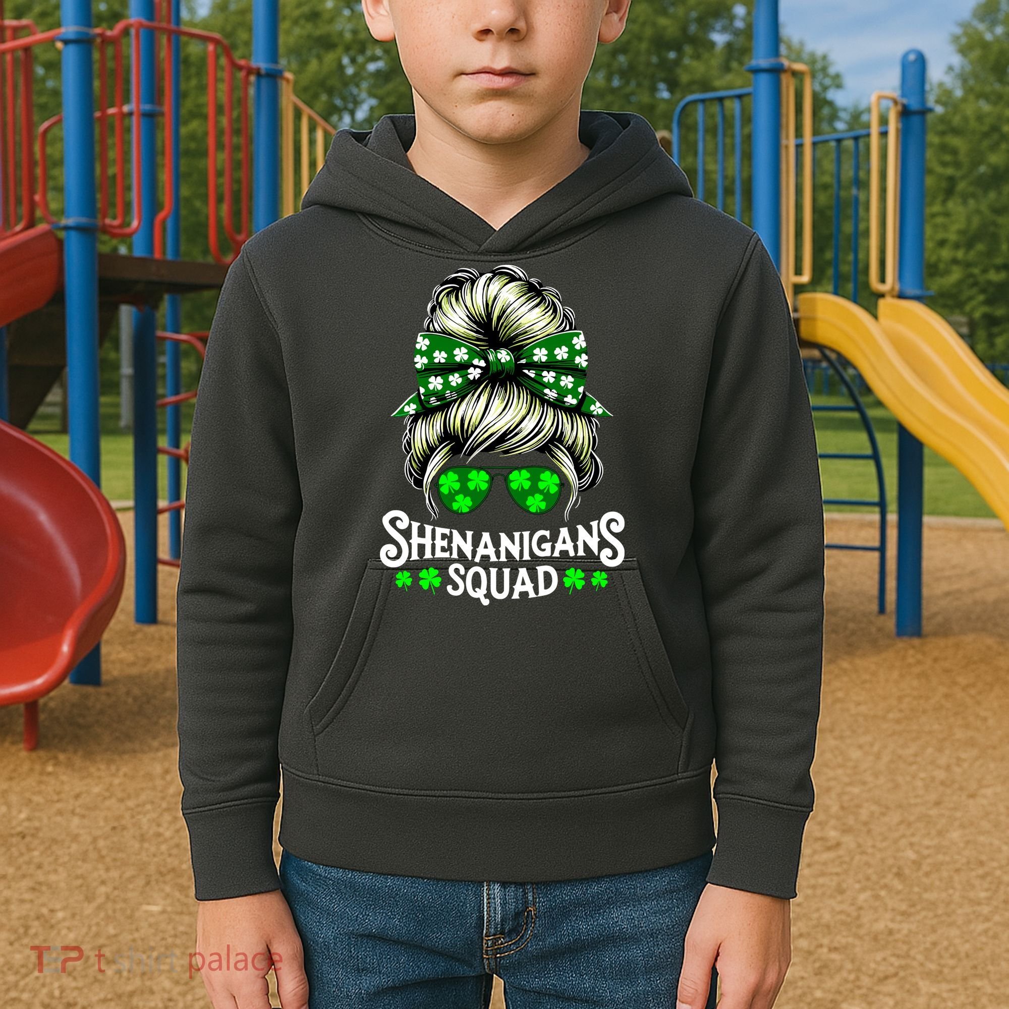 Shenanigans Squad Messy Bun St Patricks Day Kids Hoodie