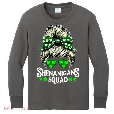 Shenanigans Squad Messy Bun St Patricks Day Kids Long Sleeve Shirt