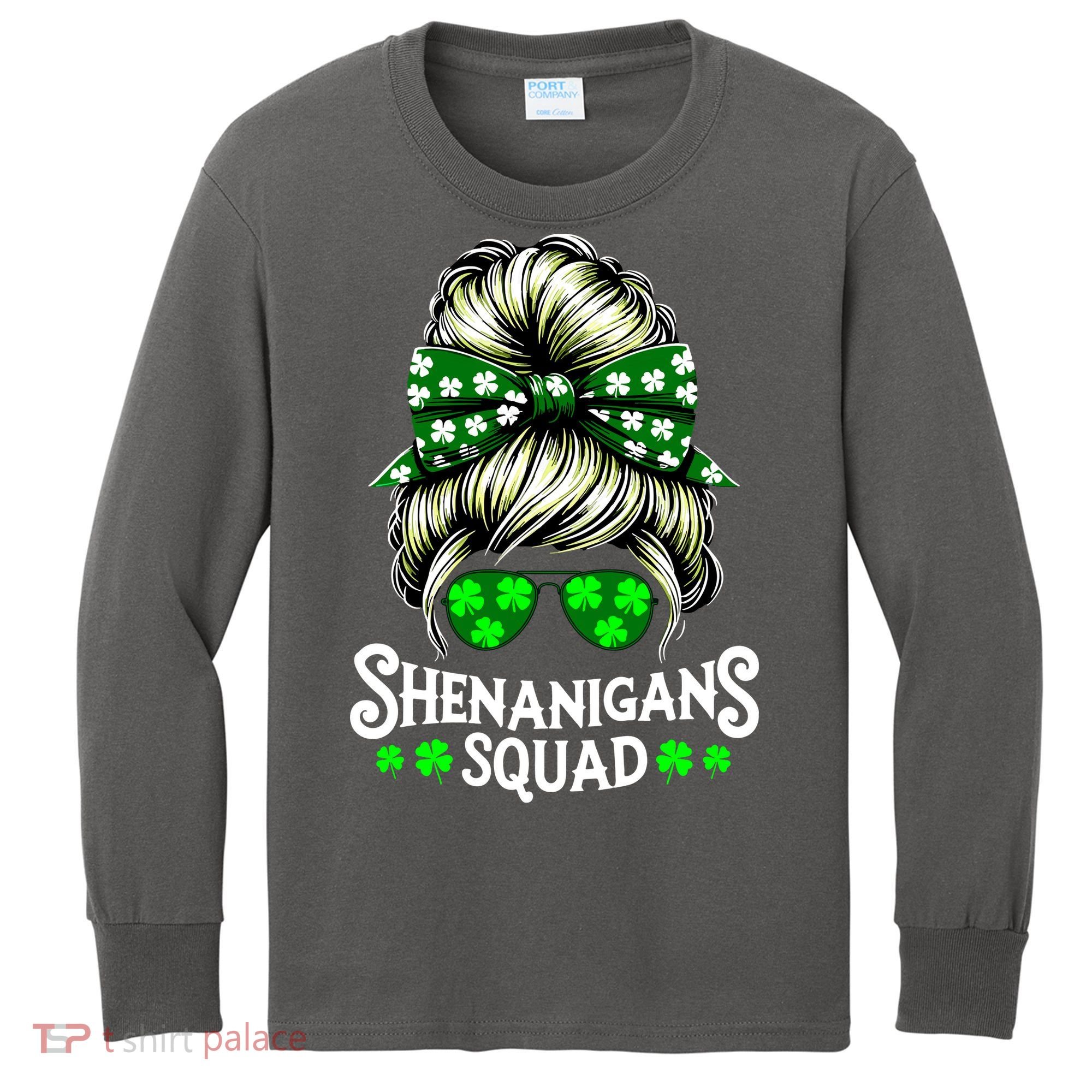Shenanigans Squad Messy Bun St Patricks Day Kids Long Sleeve Shirt