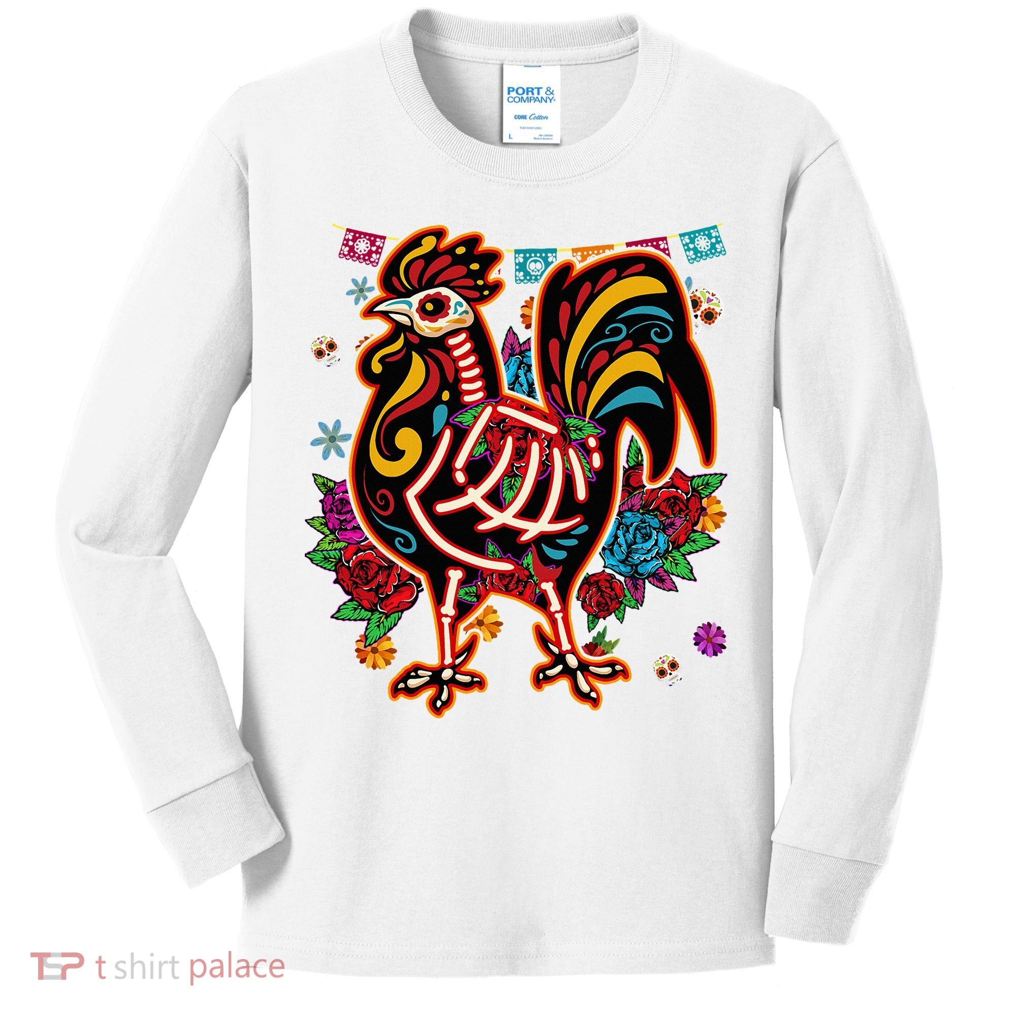 Sugar Skull Mexican Chicken Bone Halloween Day Of Dead Kids Long Sleeve Shirt