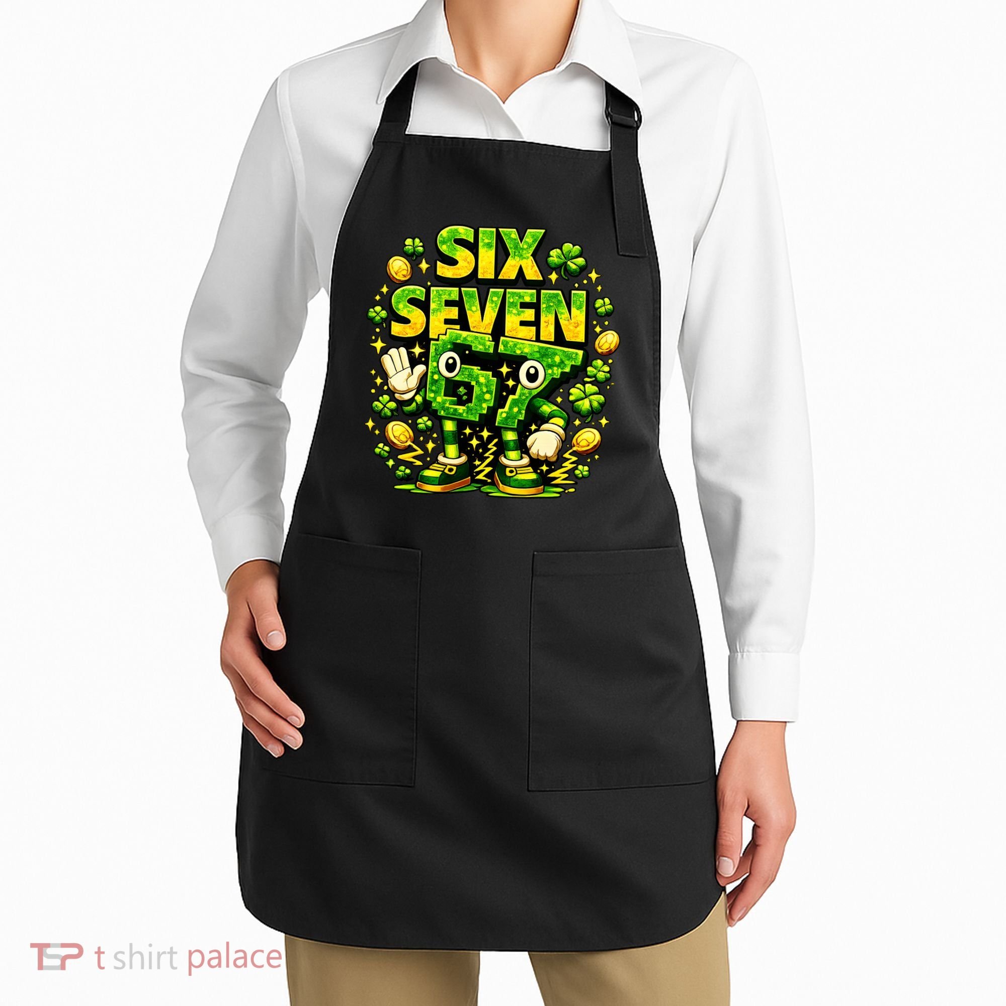 Six Seven Meme 67 St Patricks Day Lucky 6-7 Shamrock Apron
