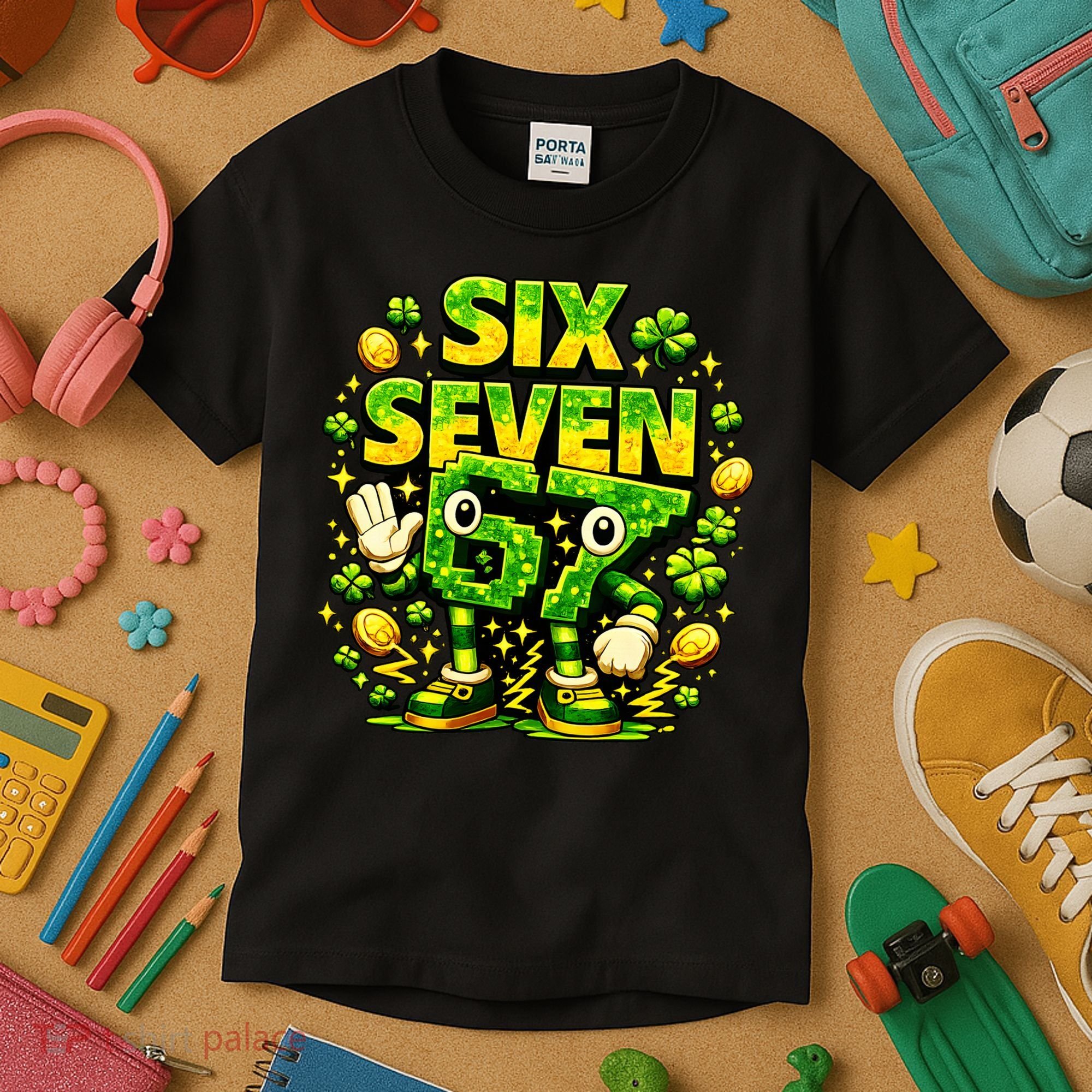 Six Seven Meme 67 St Patricks Day Lucky 6-7 Shamrock Kids T-Shirt