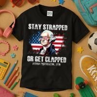 Stay Strapped Or Get Clapped 4th Of July Washington Funny 1776 Kids T-Shirt thumb 3