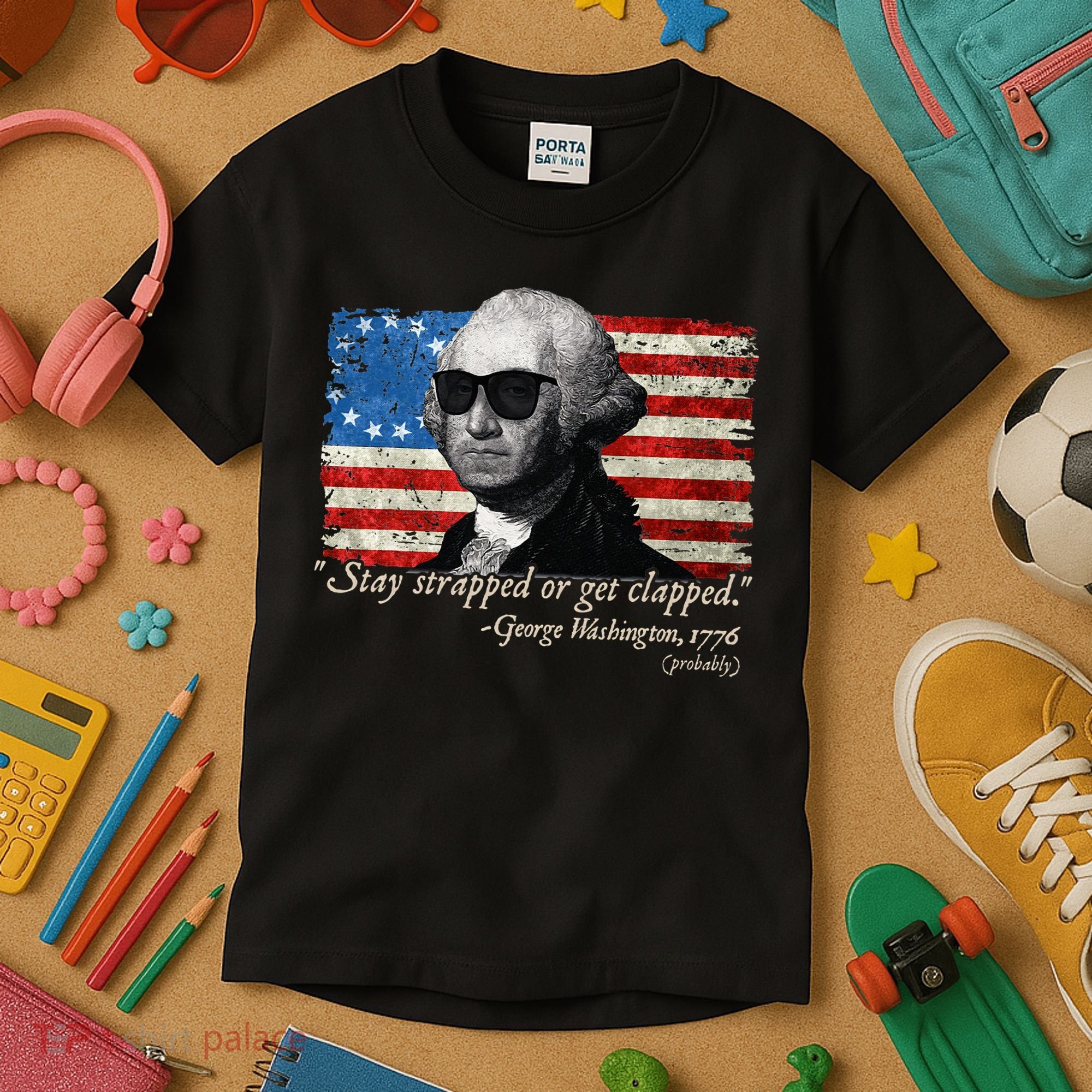 Stay strapped or get clapped George Washington 4th of July Kids T-Shirt