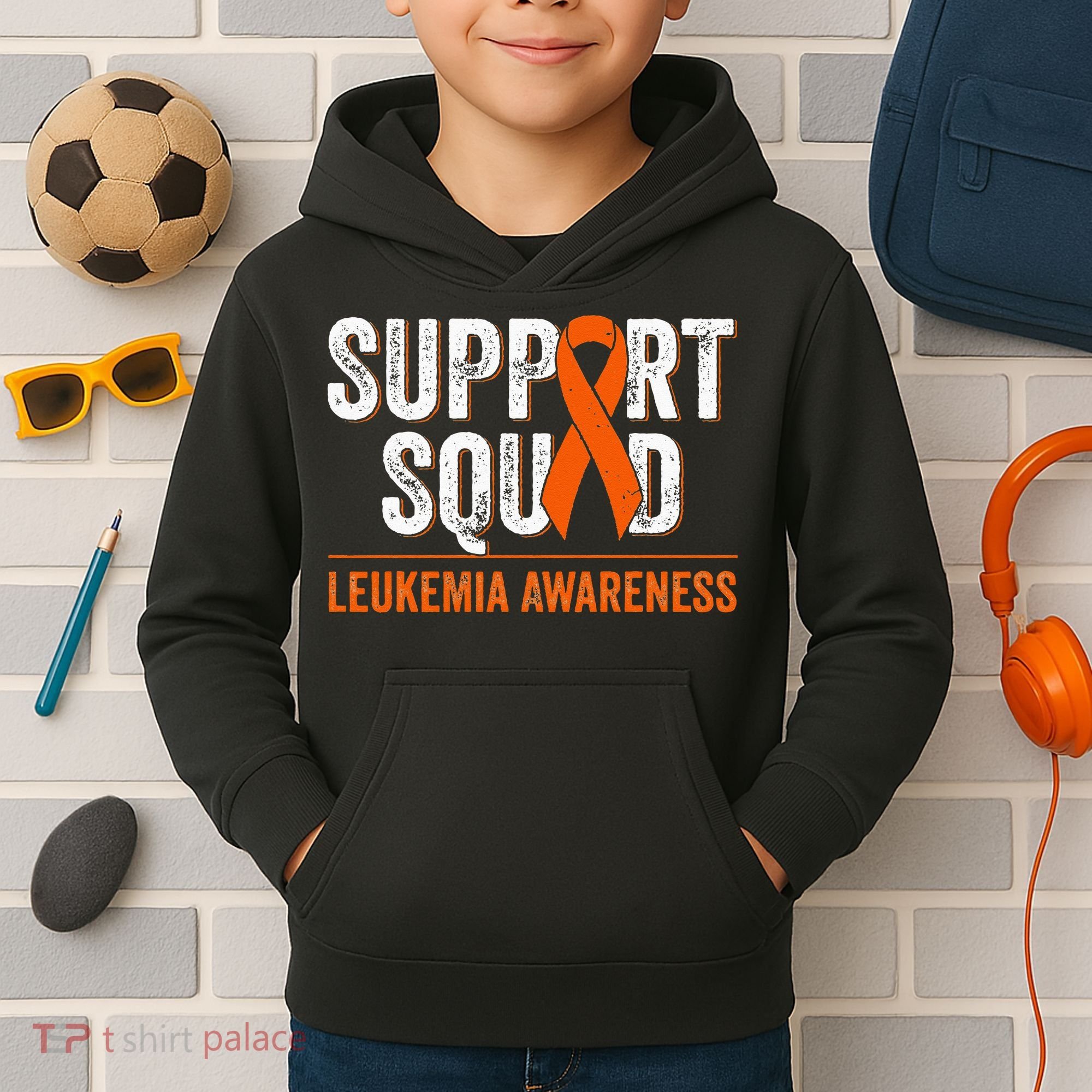 Support Squad Orange Ribbon Leukemia Blood Cancer Awareness Kids Hoodie