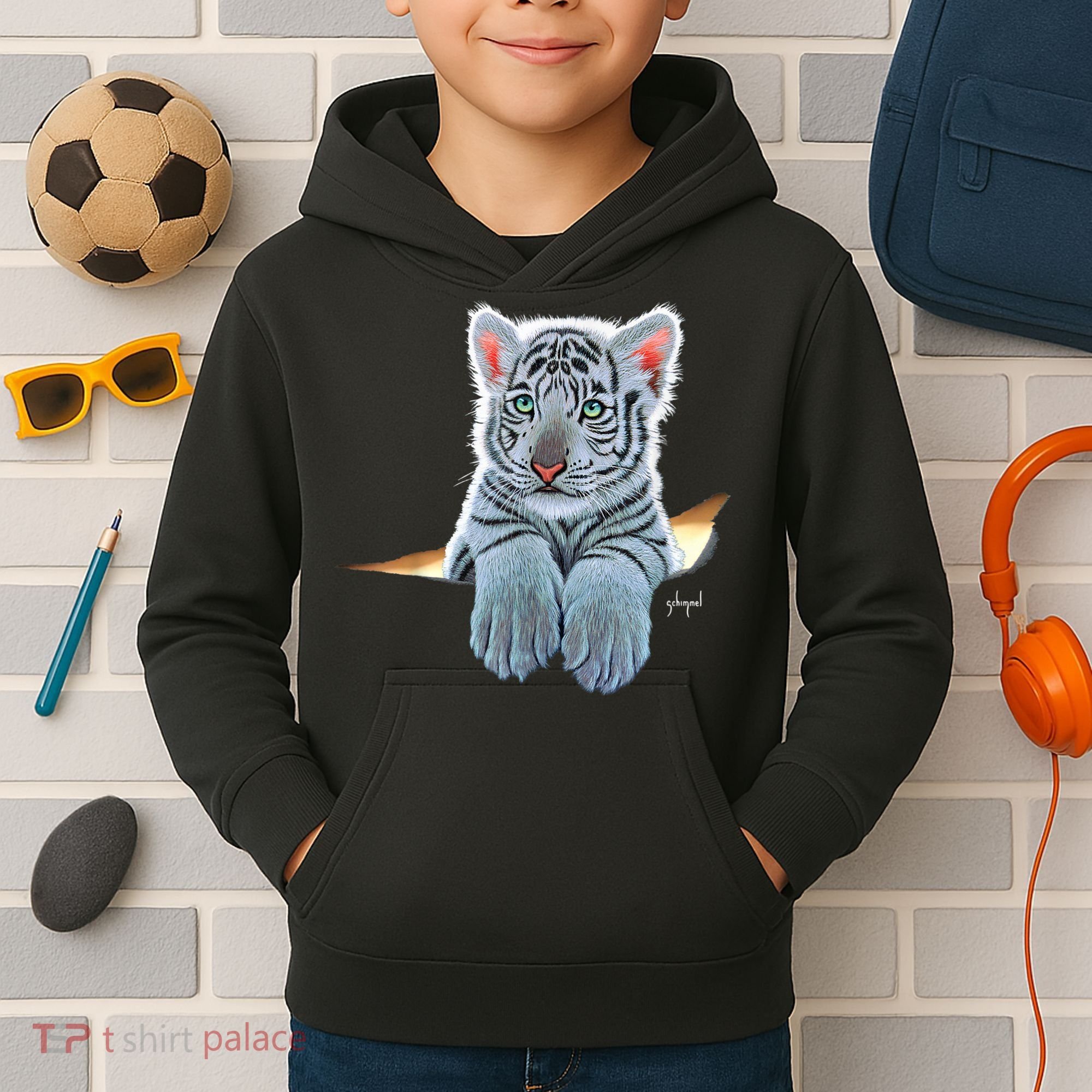 Schim Schimmel Original Artwork, White Tiger Cub Kids Hoodie