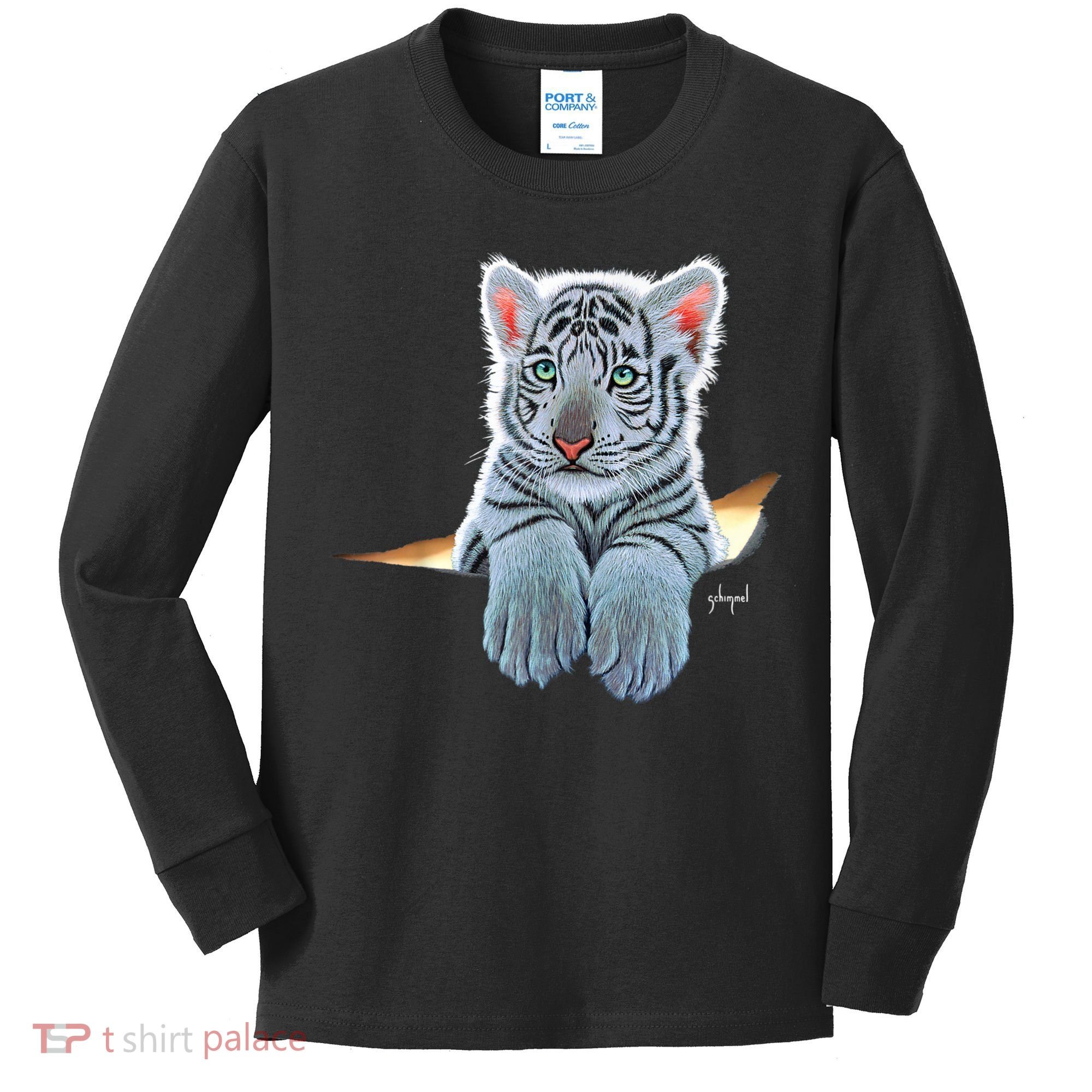 Schim Schimmel Original Artwork, White Tiger Cub Kids Long Sleeve Shirt