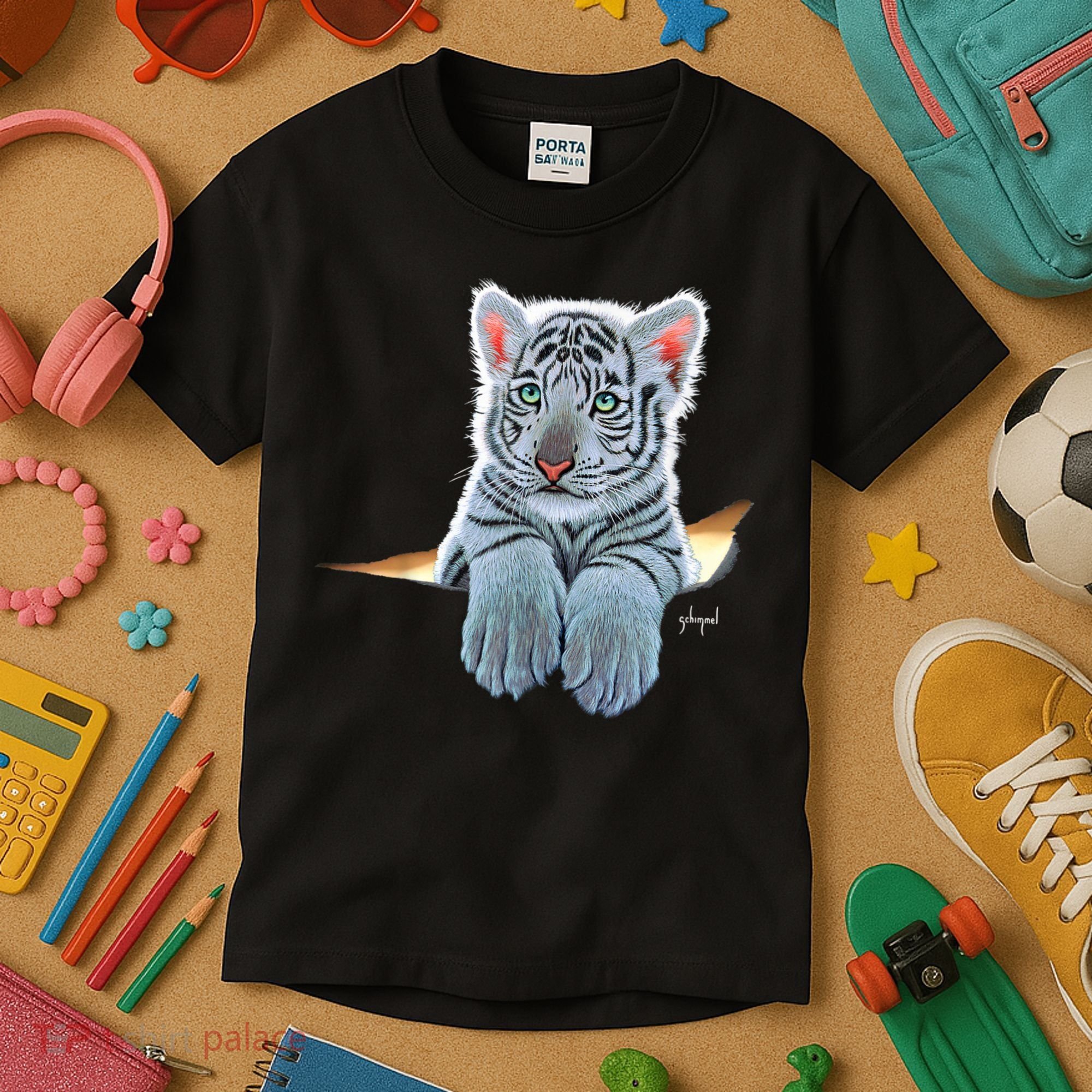 Schim Schimmel Original Artwork, White Tiger Cub Kids T-Shirt