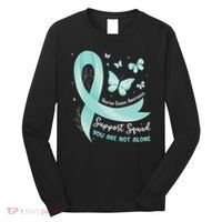Support Squad Ovarian Cancer Awareness Teal Ribbon Butterfly Long Sleeve Shirt thumb 0