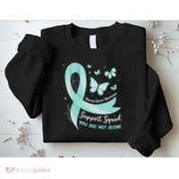 Support Squad Ovarian Cancer Awareness Teal Ribbon Butterfly Sweatshirt thumb 2
