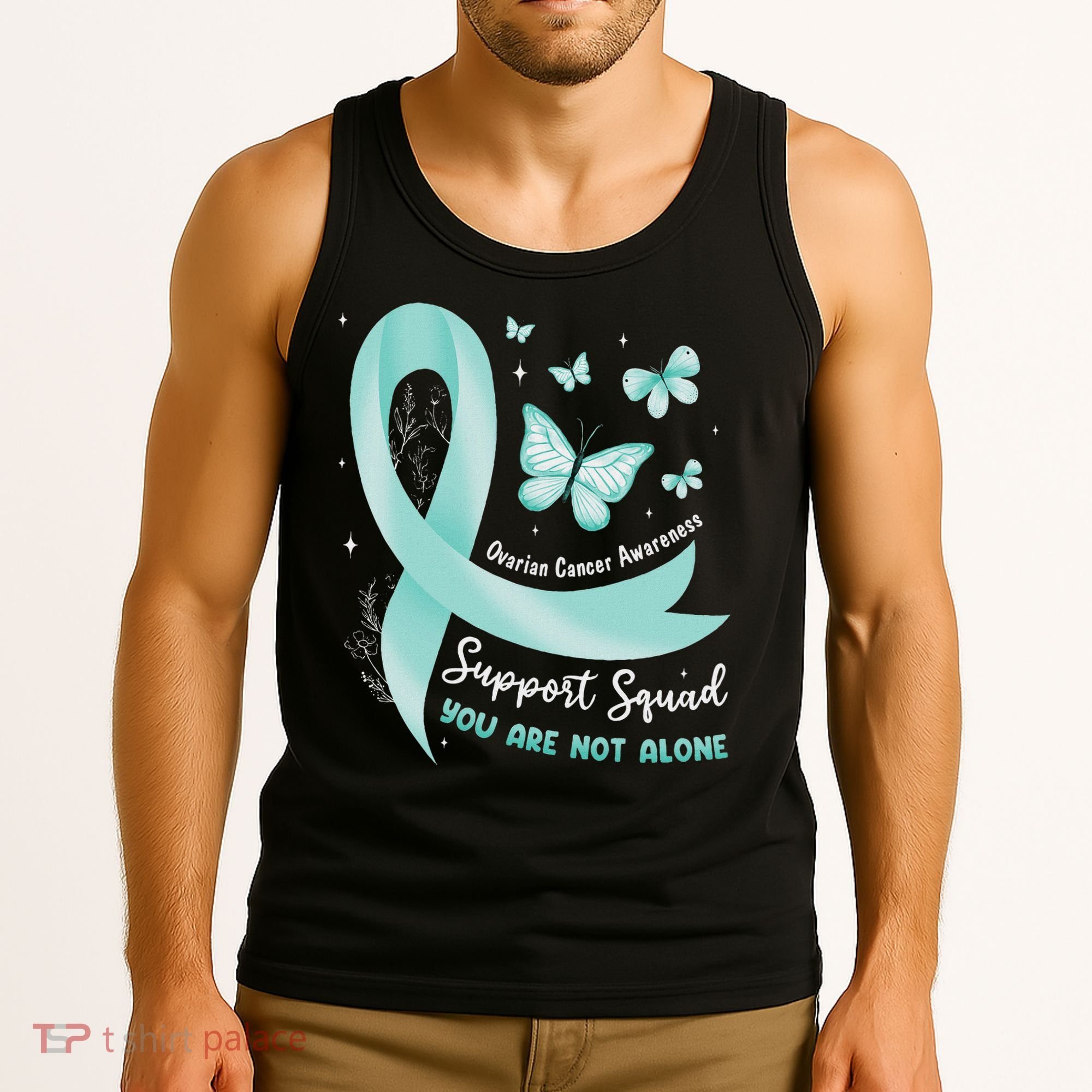 Support Squad Ovarian Cancer Awareness Teal Ribbon Butterfly Tank Top