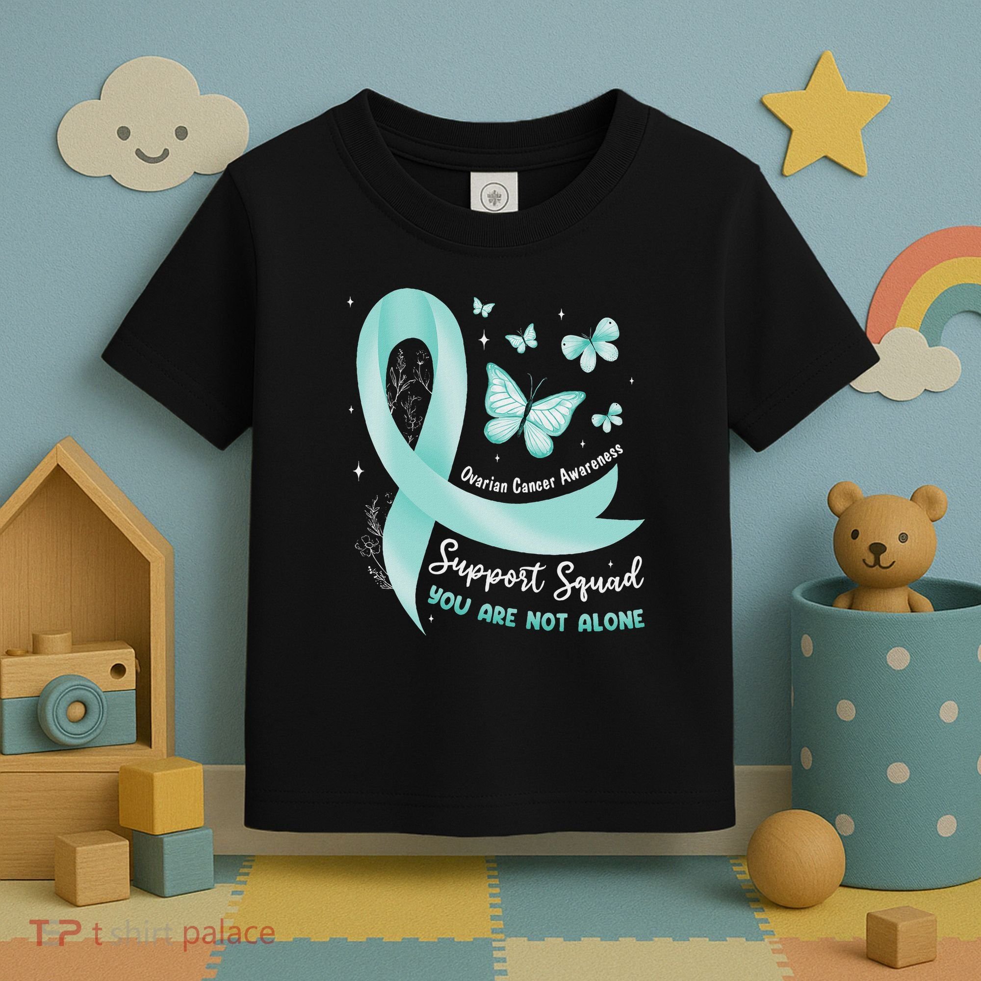 Support Squad Ovarian Cancer Awareness Teal Ribbon Butterfly Toddler T-Shirt