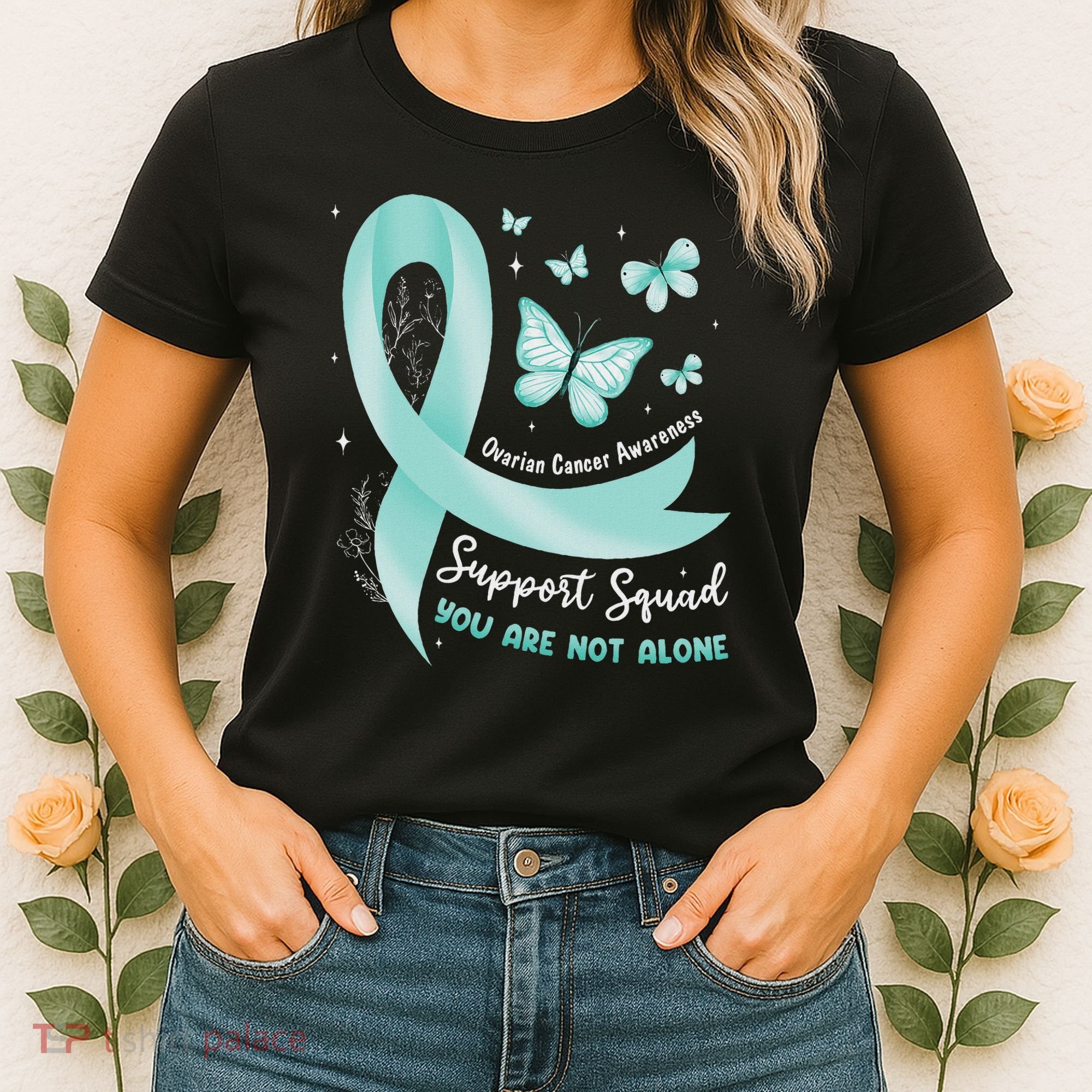 Support Squad Ovarian Cancer Awareness Teal Ribbon Butterfly Women's T-Shirt