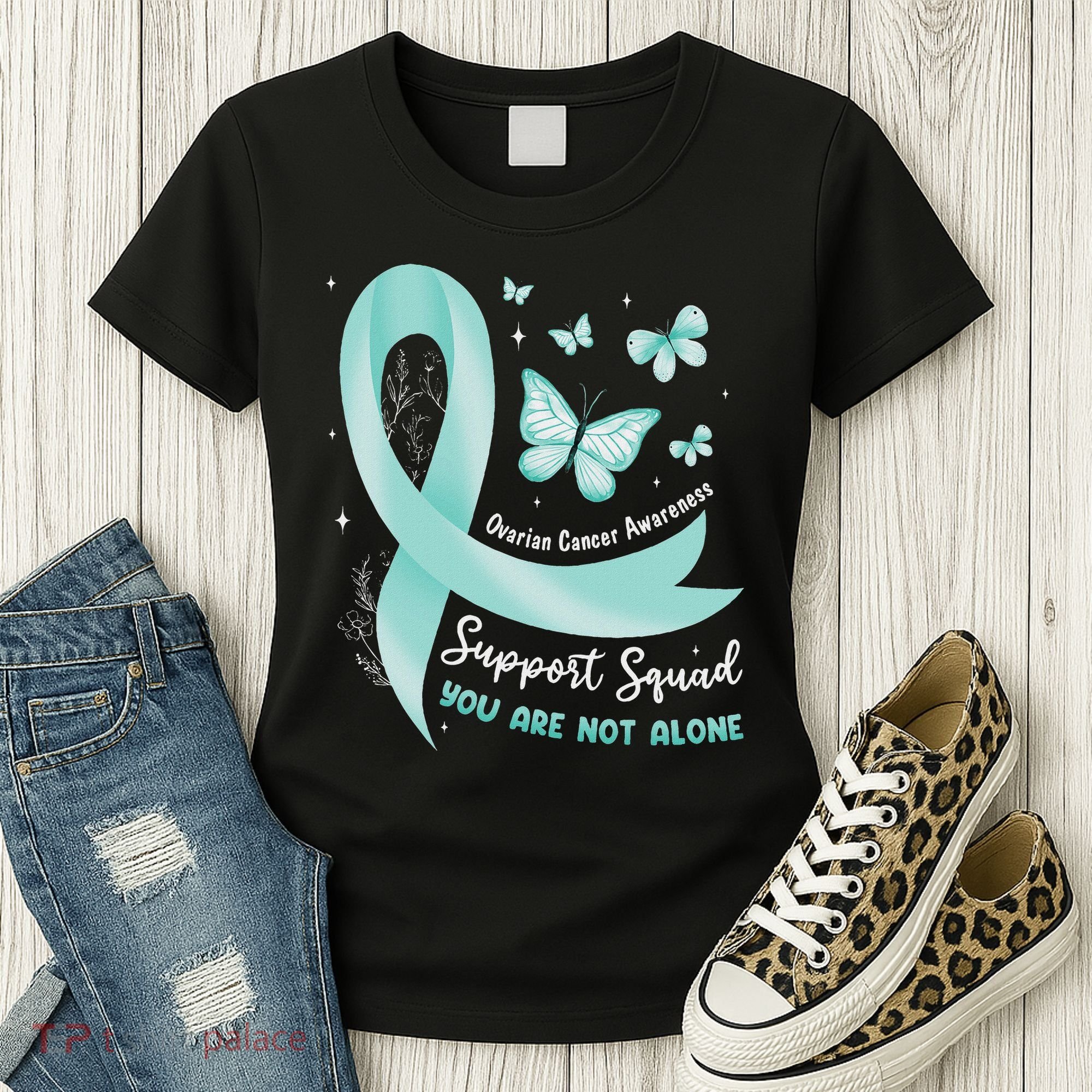 Support Squad Ovarian Cancer Awareness Teal Ribbon Butterfly Women's T-Shirt