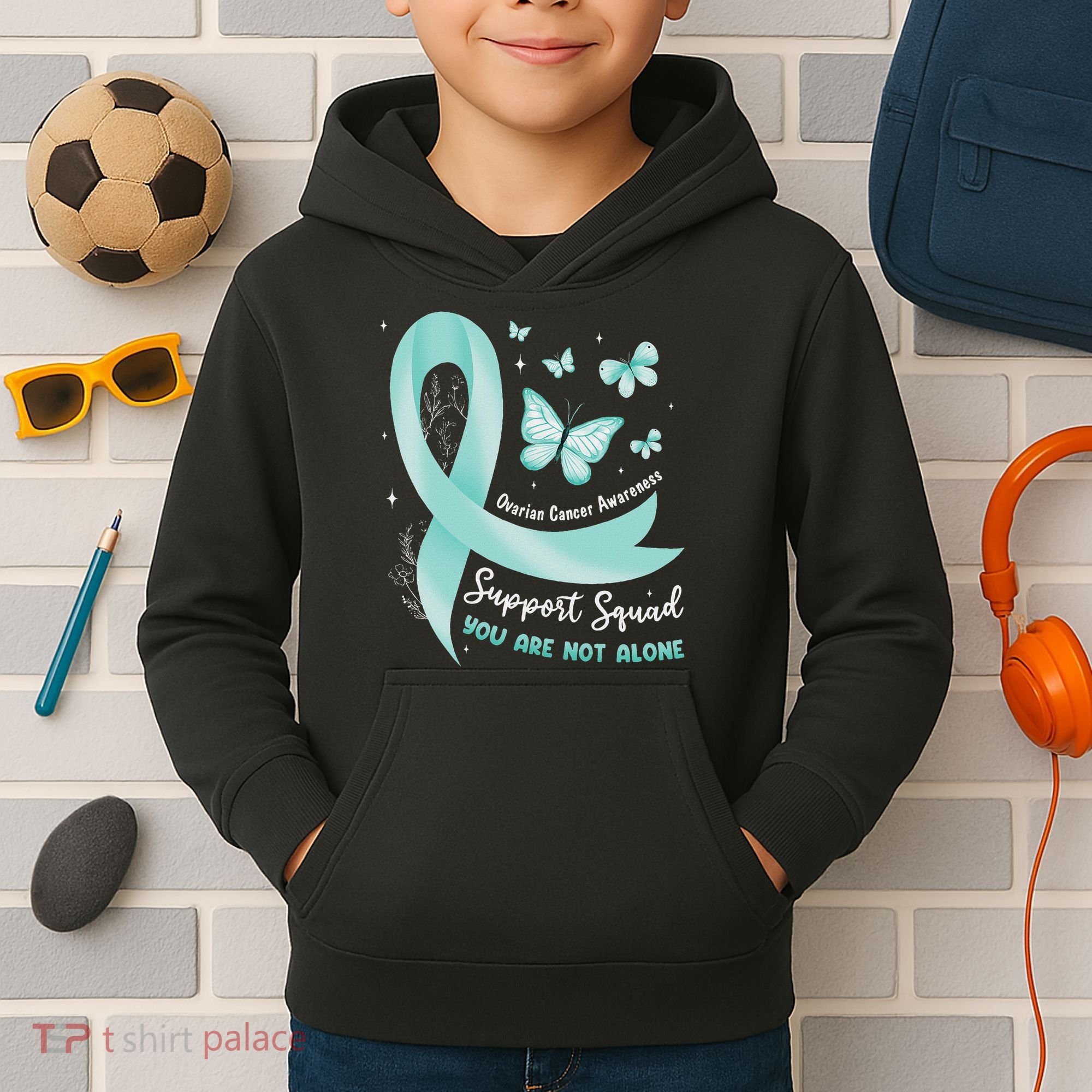 Support Squad Ovarian Cancer Awareness Teal Ribbon Butterfly Kids Hoodie