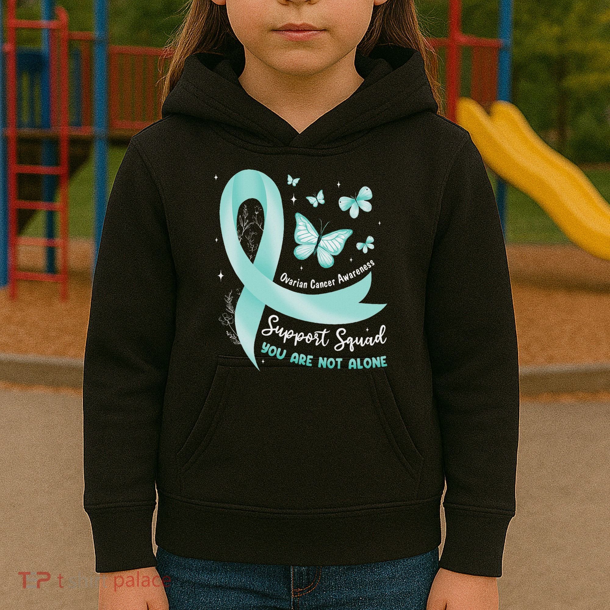 Support Squad Ovarian Cancer Awareness Teal Ribbon Butterfly Kids Hoodie