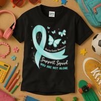 Support Squad Ovarian Cancer Awareness Teal Ribbon Butterfly Kids T-Shirt thumb 3