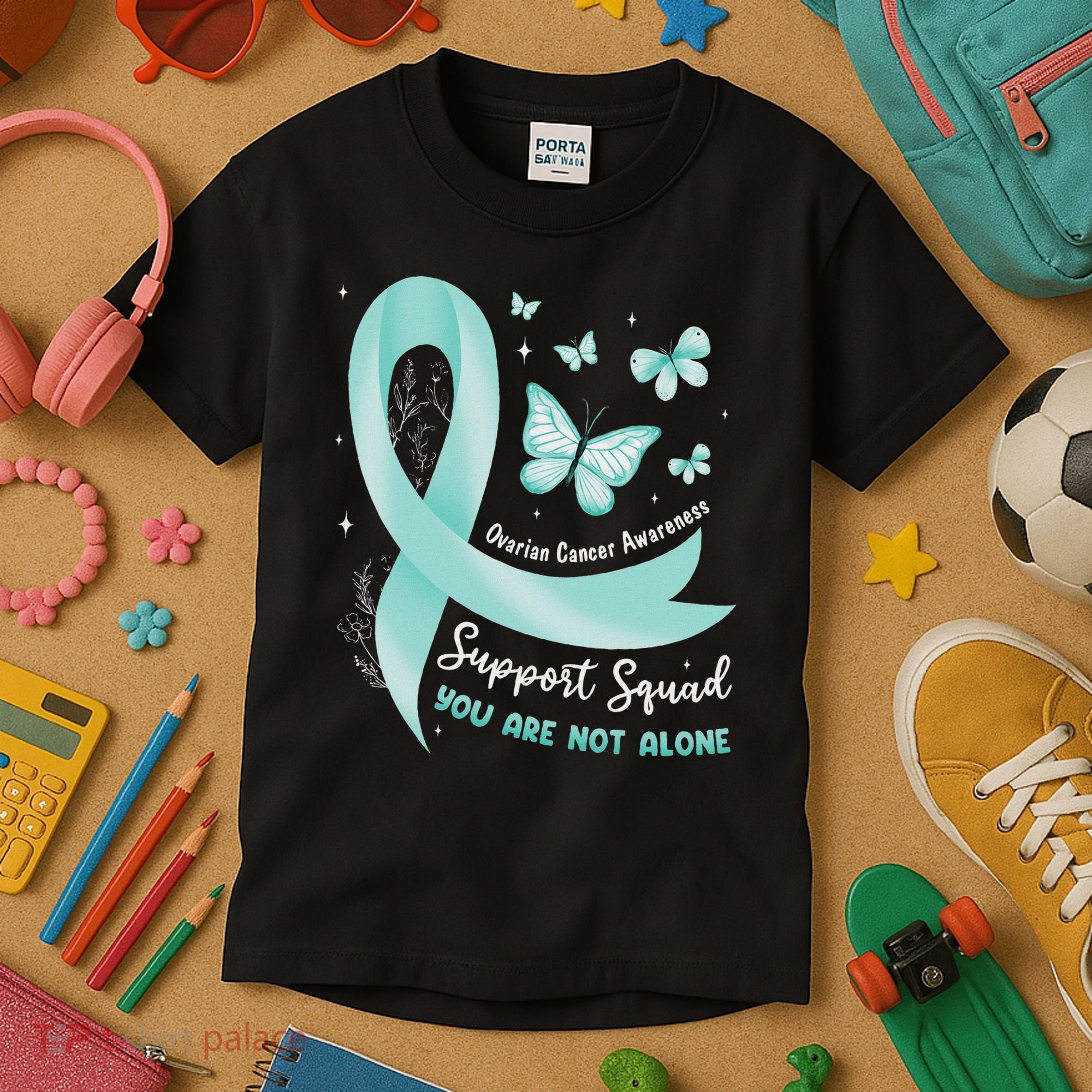 Support Squad Ovarian Cancer Awareness Teal Ribbon Butterfly Kids T-Shirt