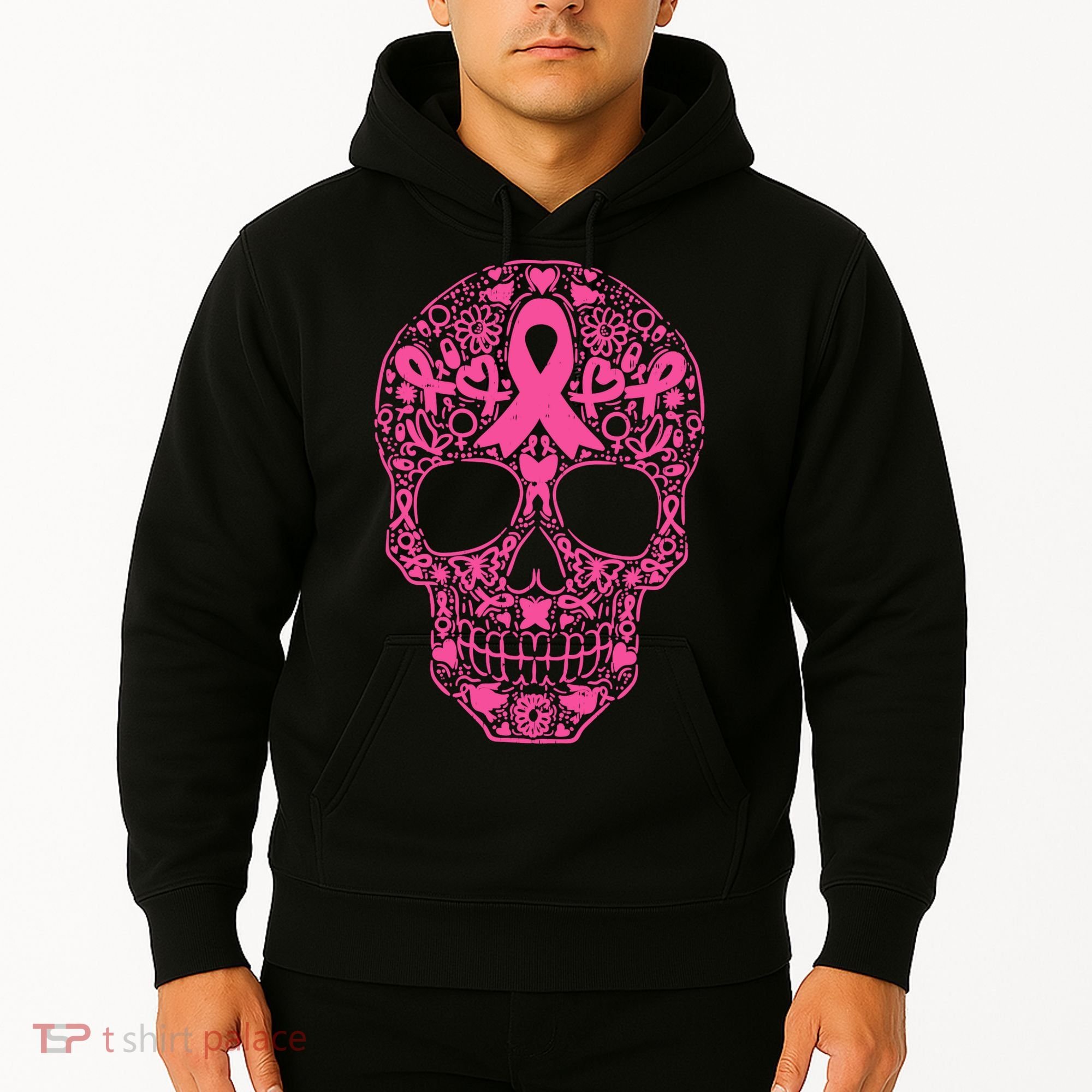 Sugar Skull Pink Ribbon Calavera Breast Cancer Awareness Hoodie