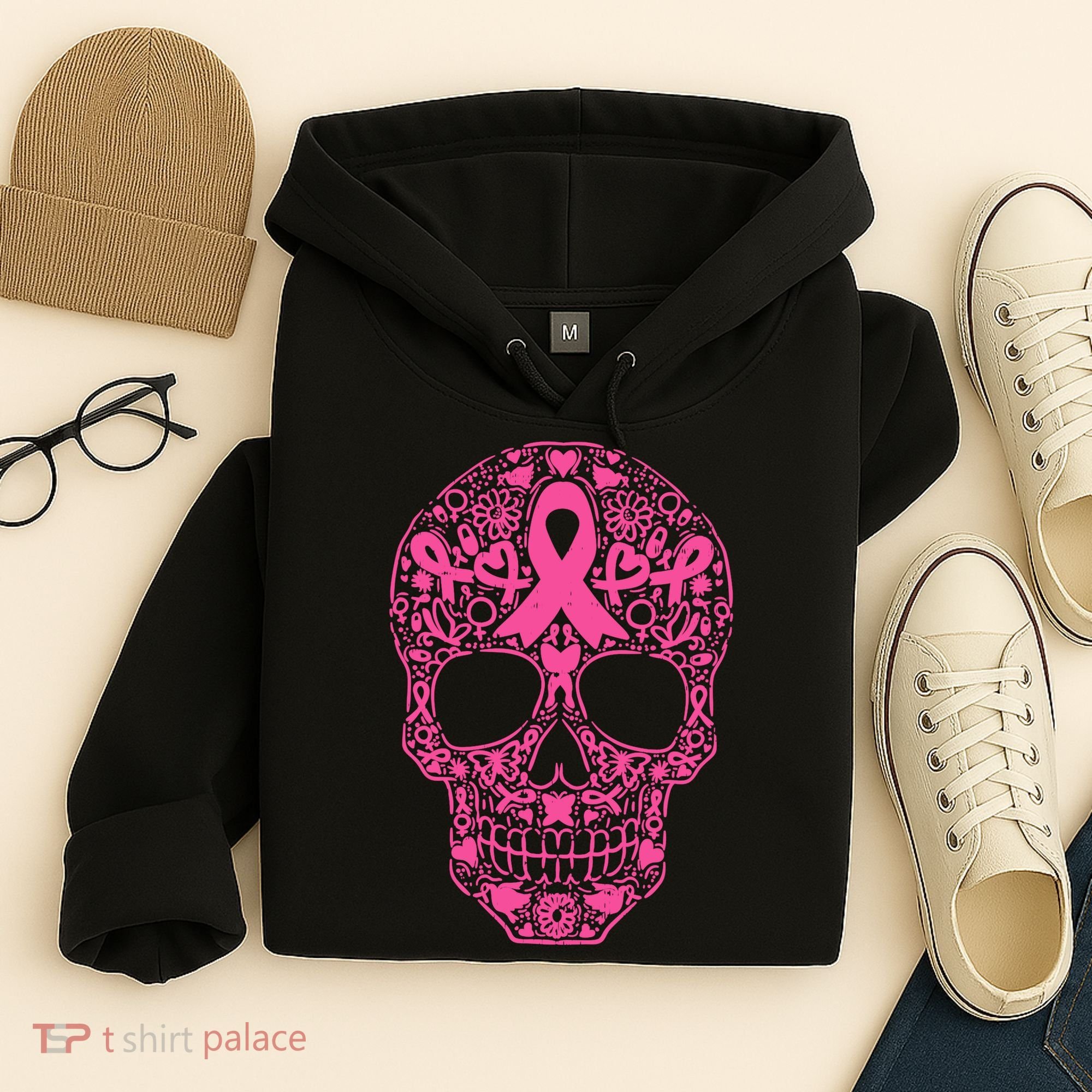 Sugar Skull Pink Ribbon Calavera Breast Cancer Awareness Hoodie