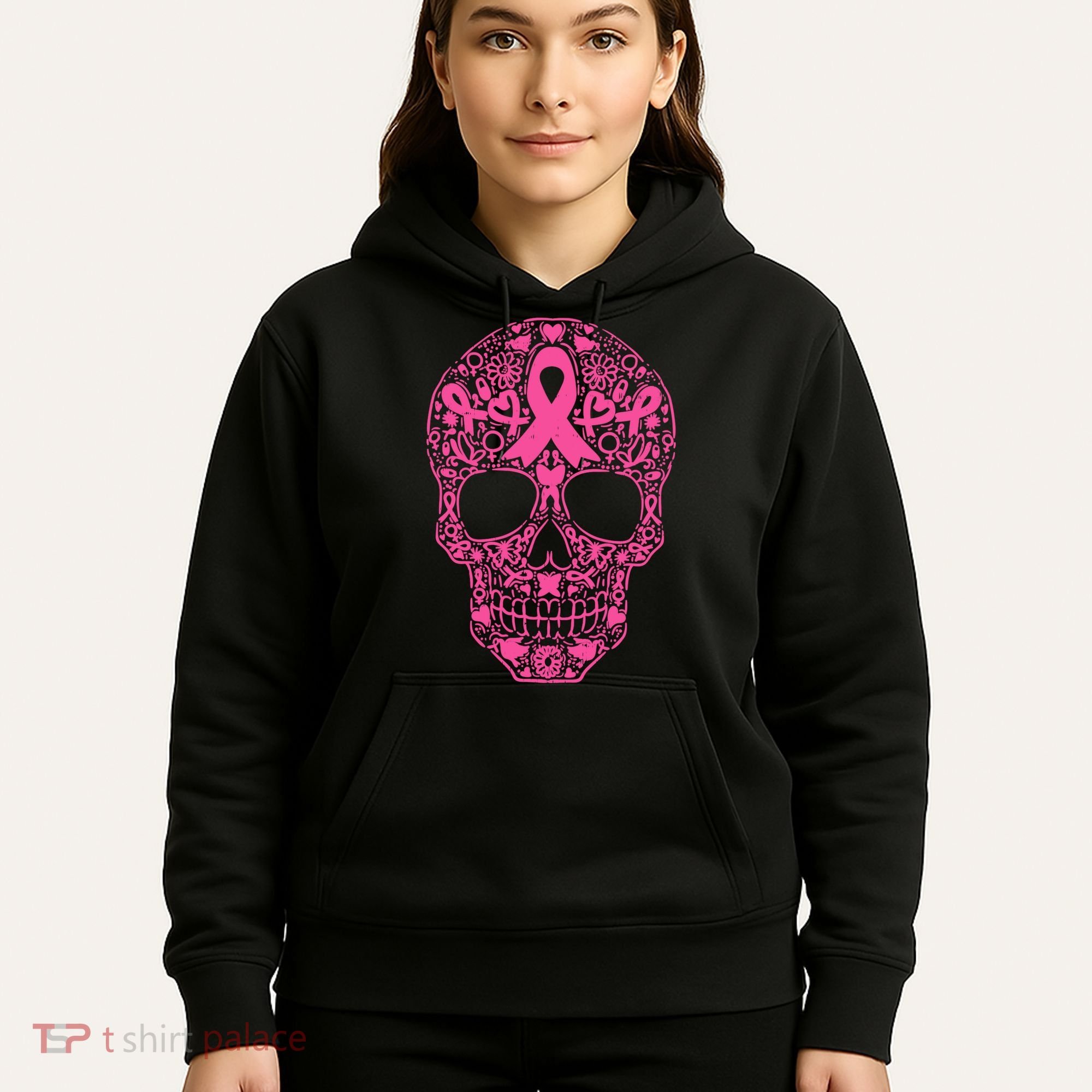 Sugar Skull Pink Ribbon Calavera Breast Cancer Awareness Hoodie