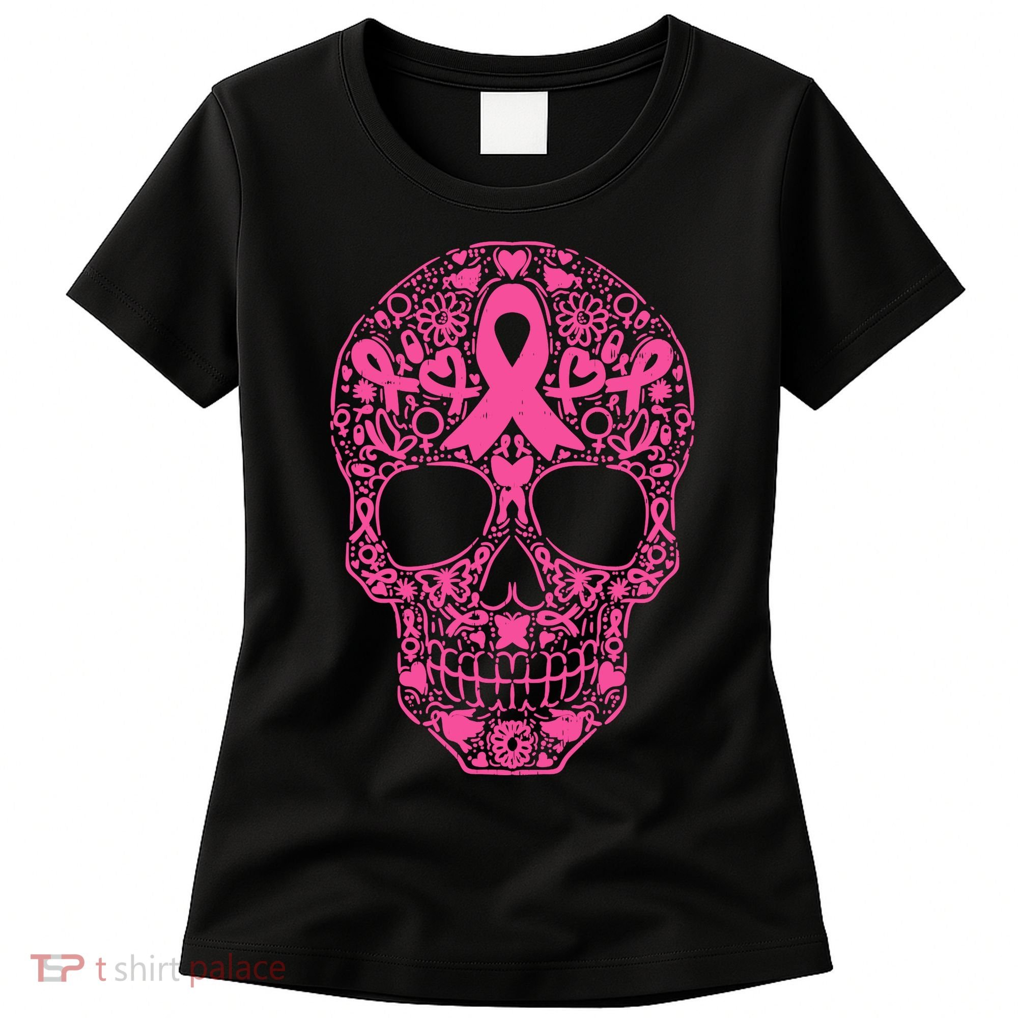 Sugar Skull Pink Ribbon Calavera Breast Cancer Awareness Women's T-Shirt