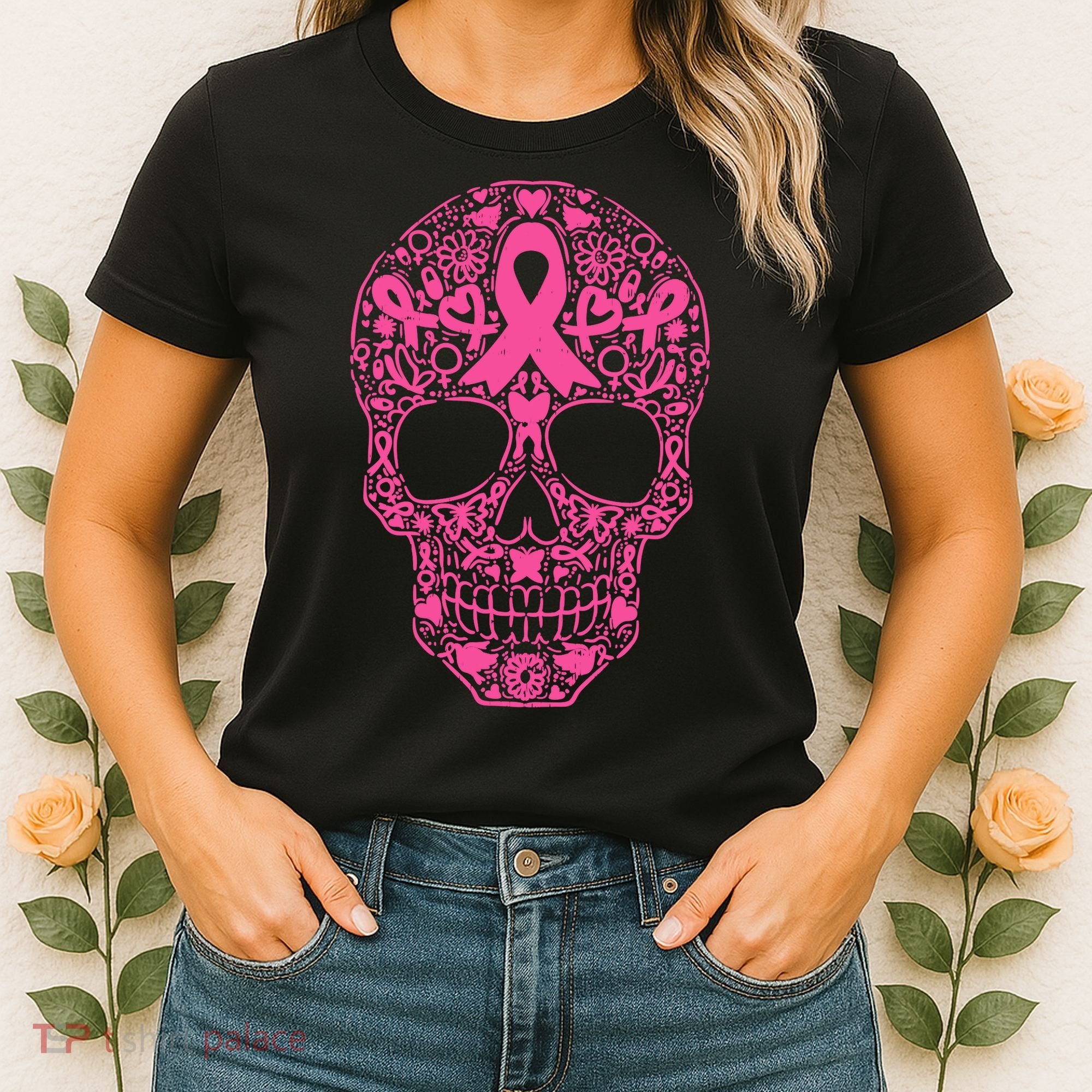 Sugar Skull Pink Ribbon Calavera Breast Cancer Awareness Women's T-Shirt