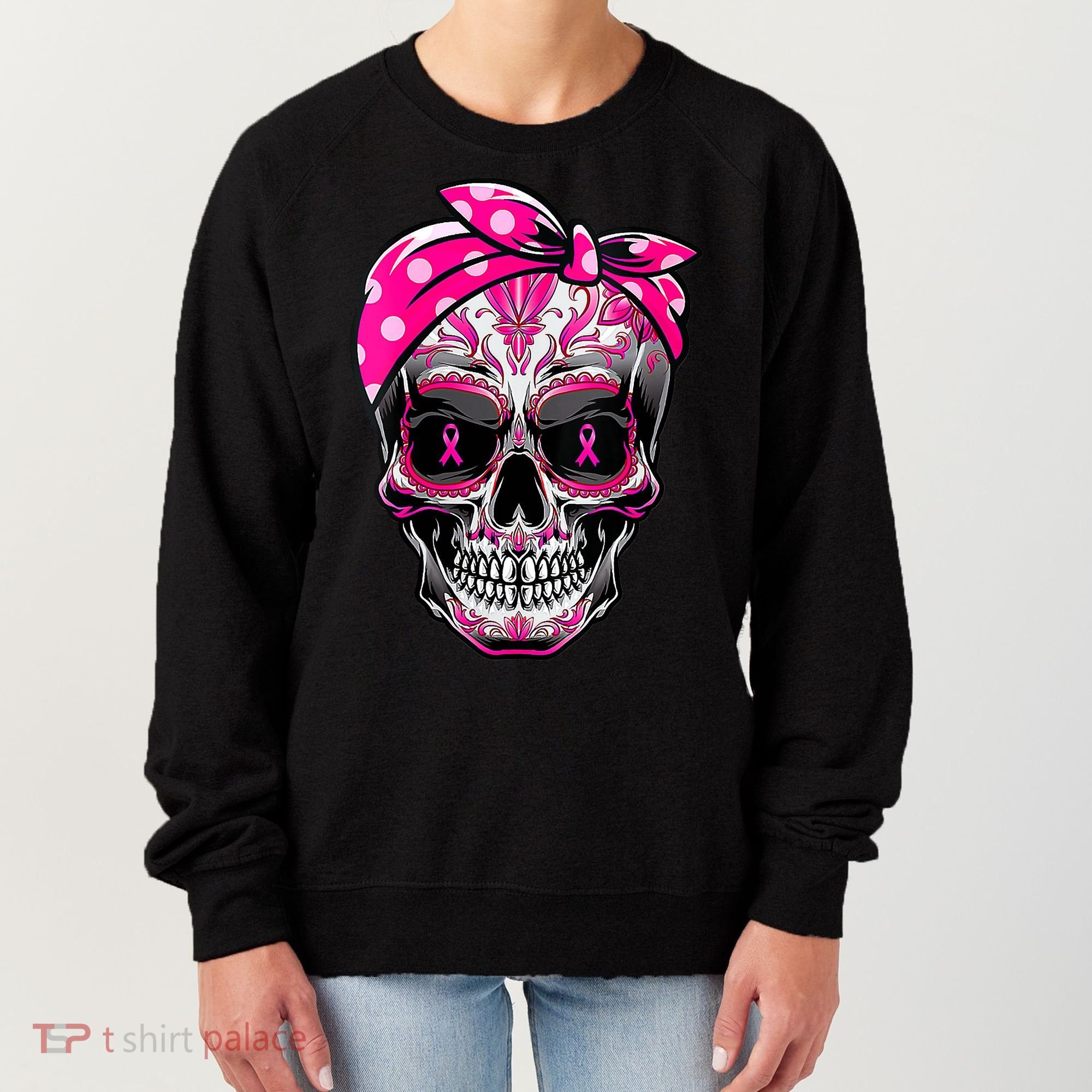 Sugar Skull Pink Ribbon Calavera Funny Breast Cancer Women's Sweatshirt