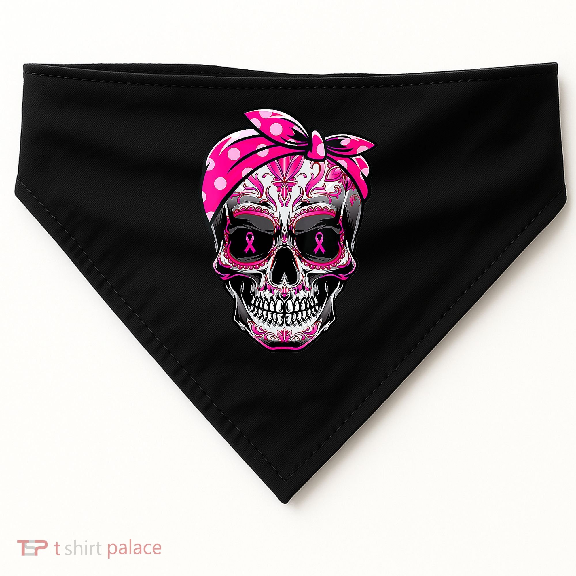 Sugar Skull Pink Ribbon Calavera Funny Breast Cancer USA-Made Doggie Bandana
