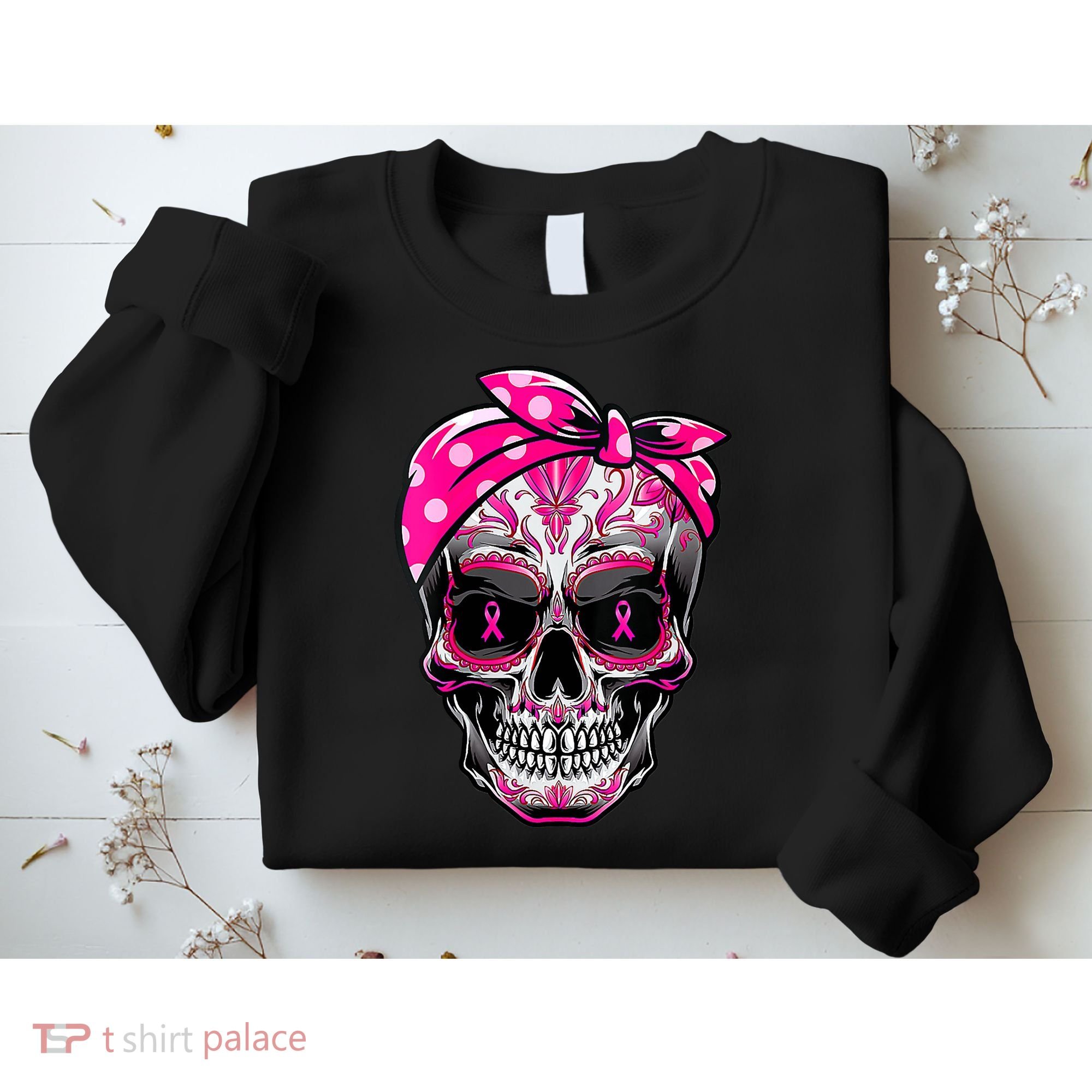 Sugar Skull Pink Ribbon Calavera Funny Breast Cancer Sweatshirt