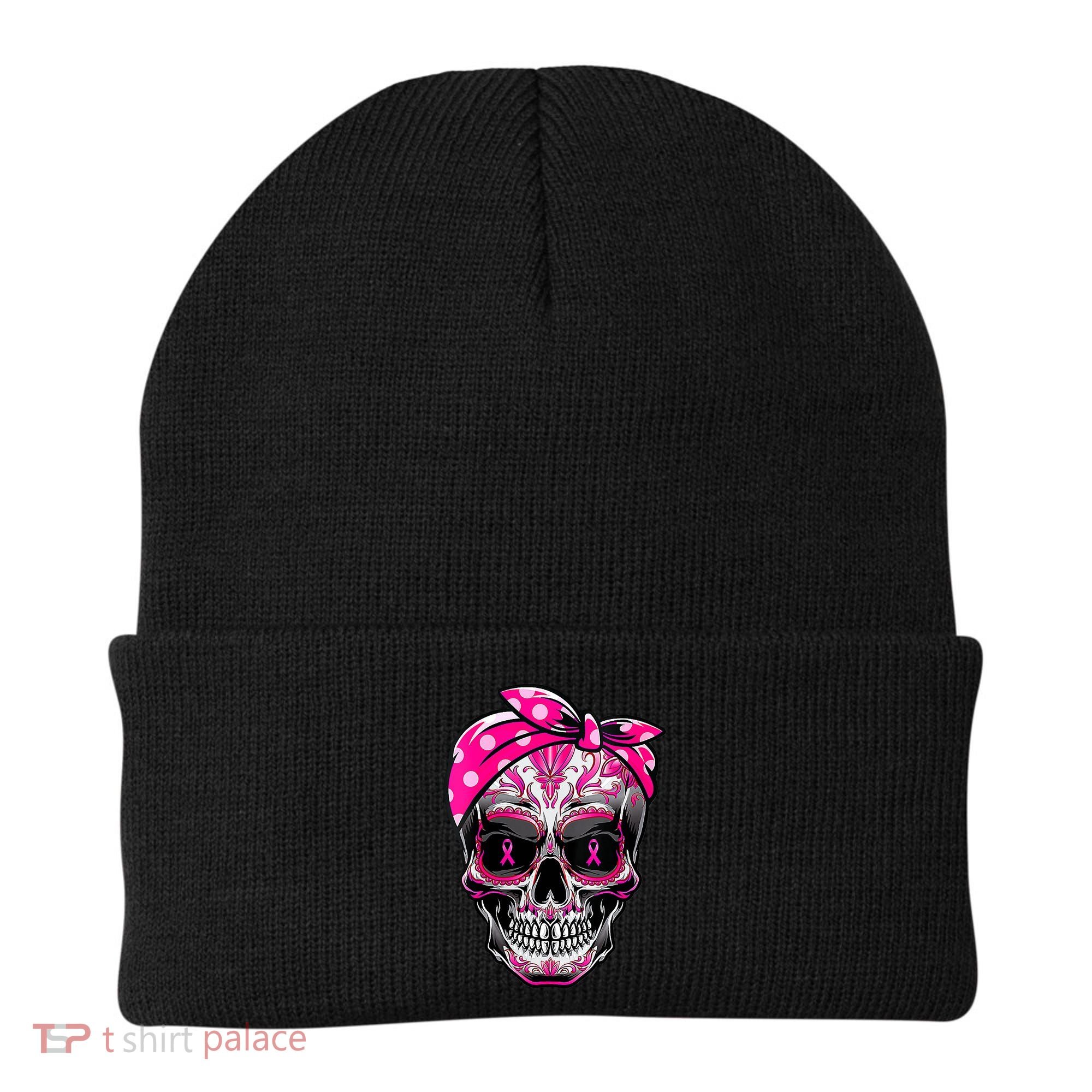Sugar Skull Pink Ribbon Calavera Funny Breast Cancer Beanie